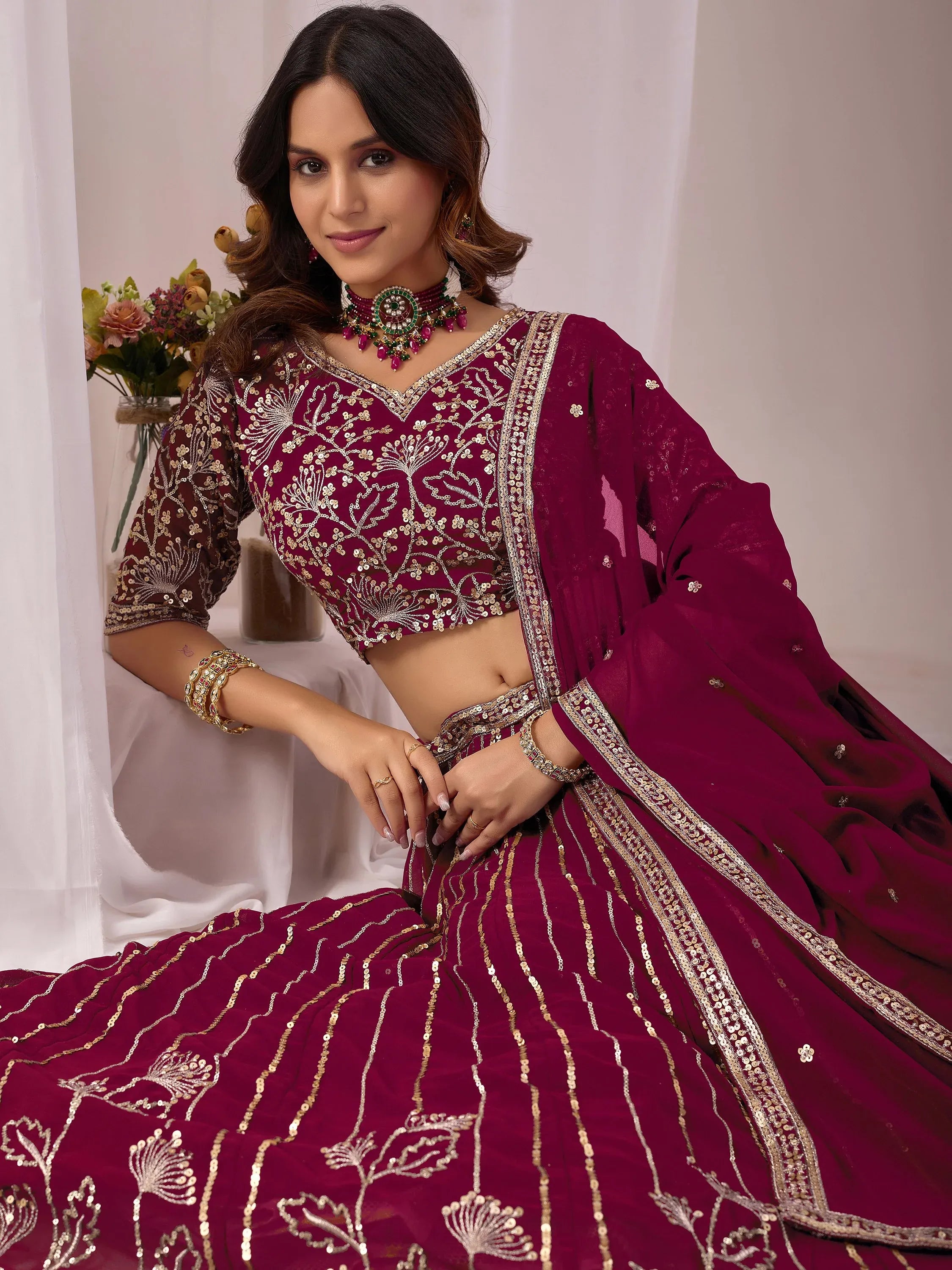 Phenomenal Maroon Sequins Georgette Wedding Wear Lehenga With Blouse
