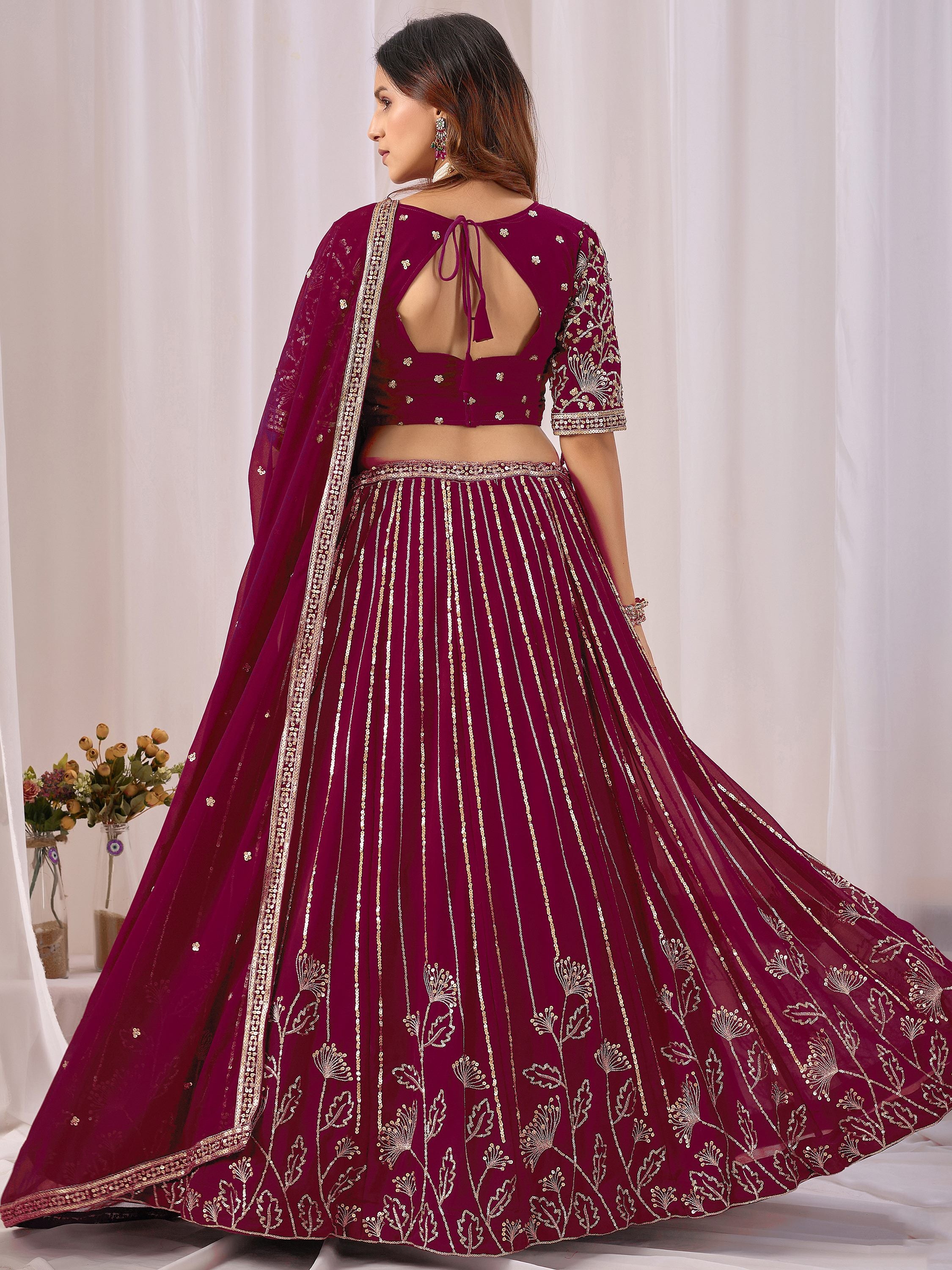 Phenomenal Maroon Sequins Georgette Wedding Wear Lehenga With Blouse