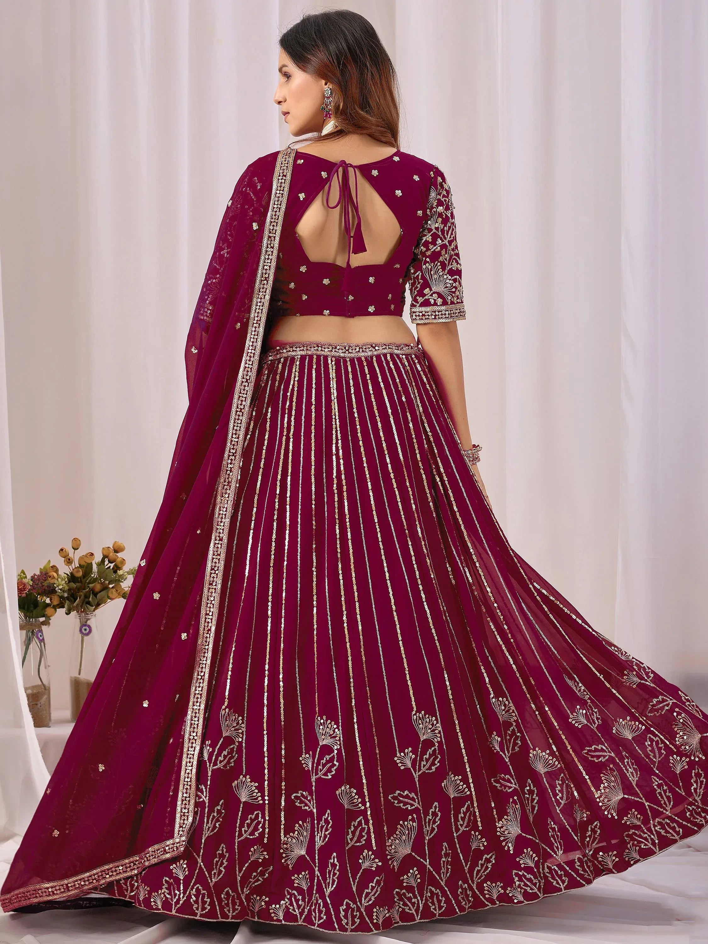 Phenomenal Maroon Sequins Georgette Wedding Wear Lehenga With Blouse