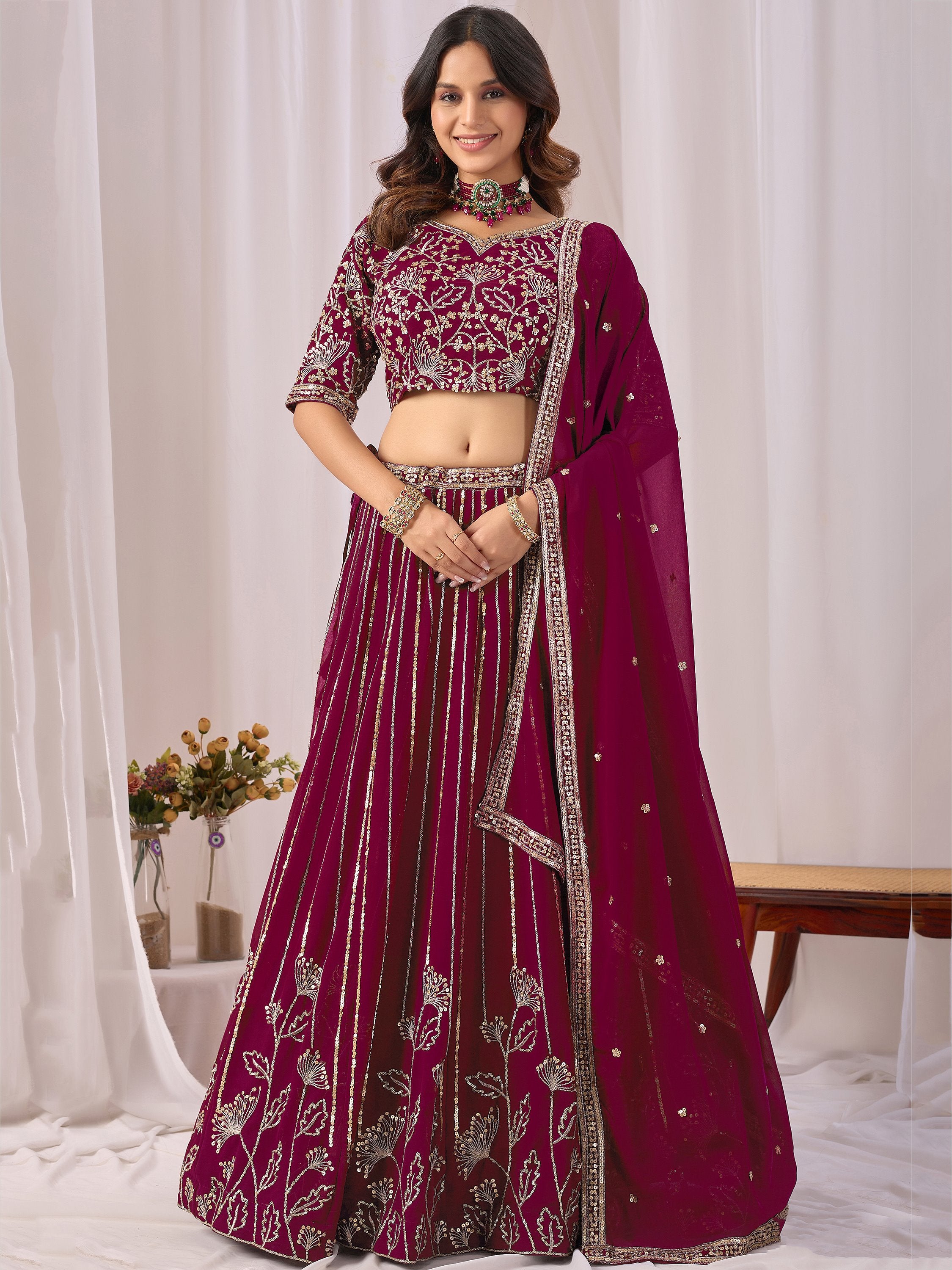 Phenomenal Maroon Sequins Georgette Wedding Wear Lehenga With Blouse