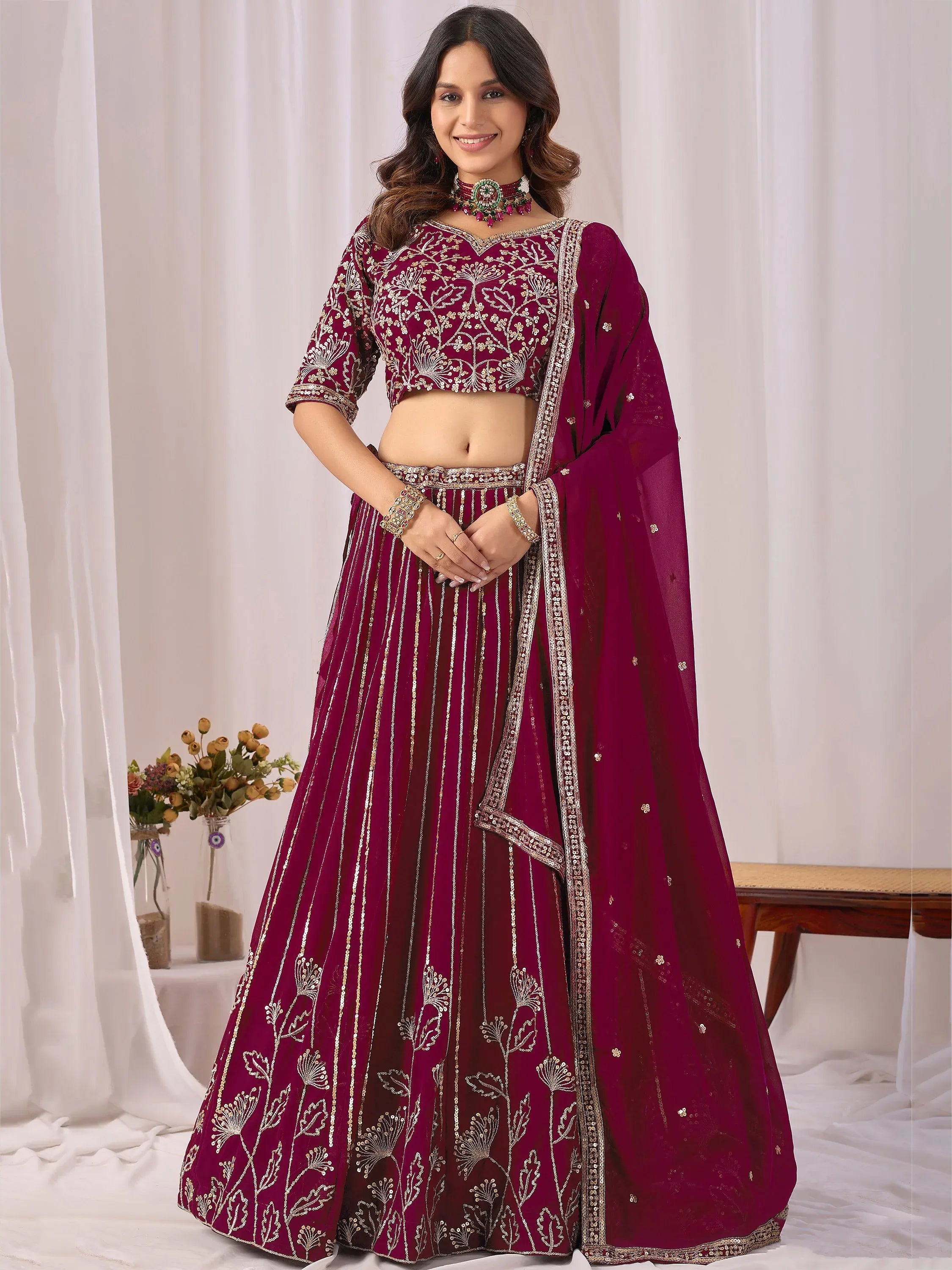 Phenomenal Maroon Sequins Georgette Wedding Wear Lehenga With Blouse