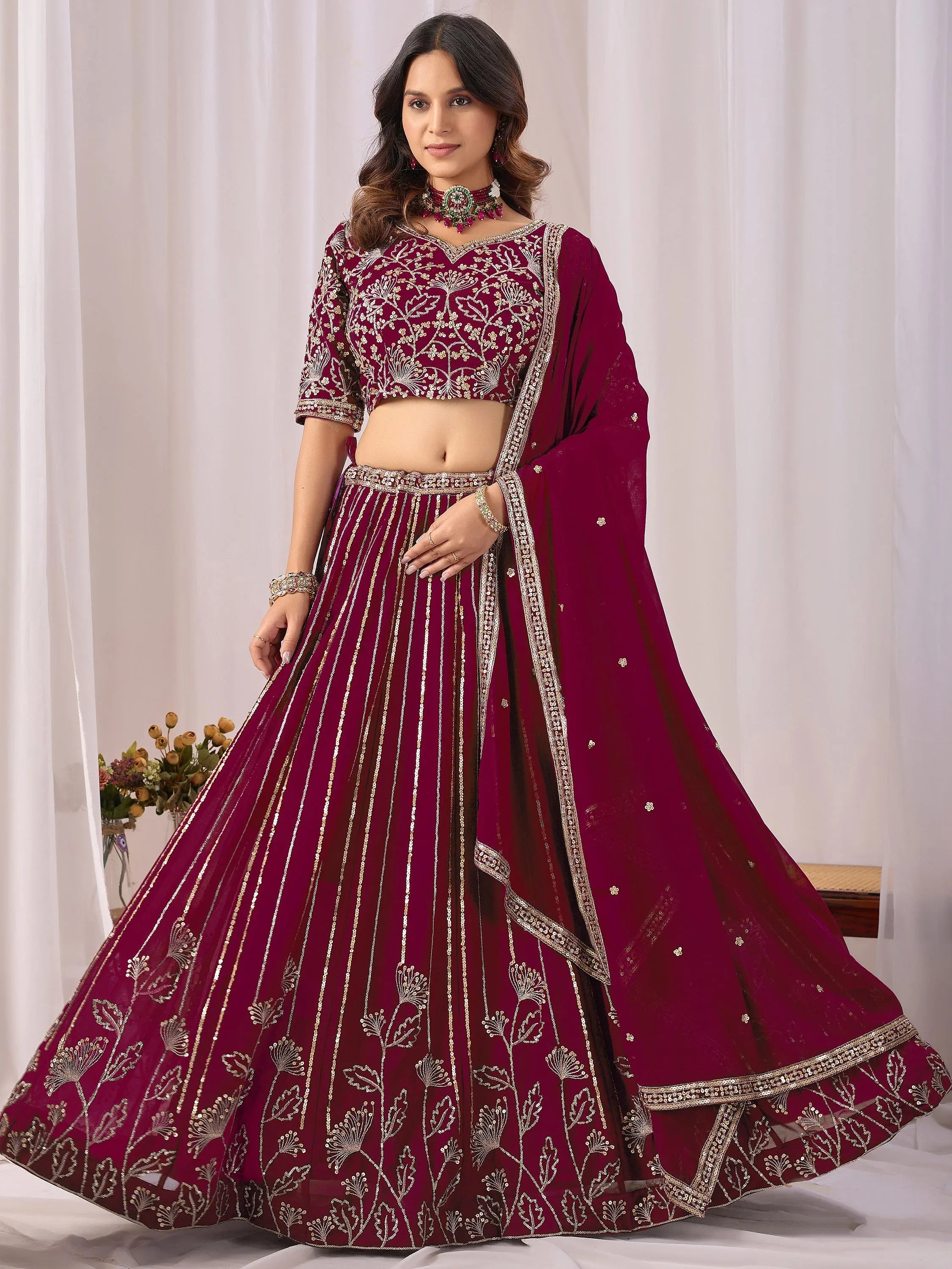Phenomenal Maroon Sequins Georgette Wedding Wear Lehenga With Blouse