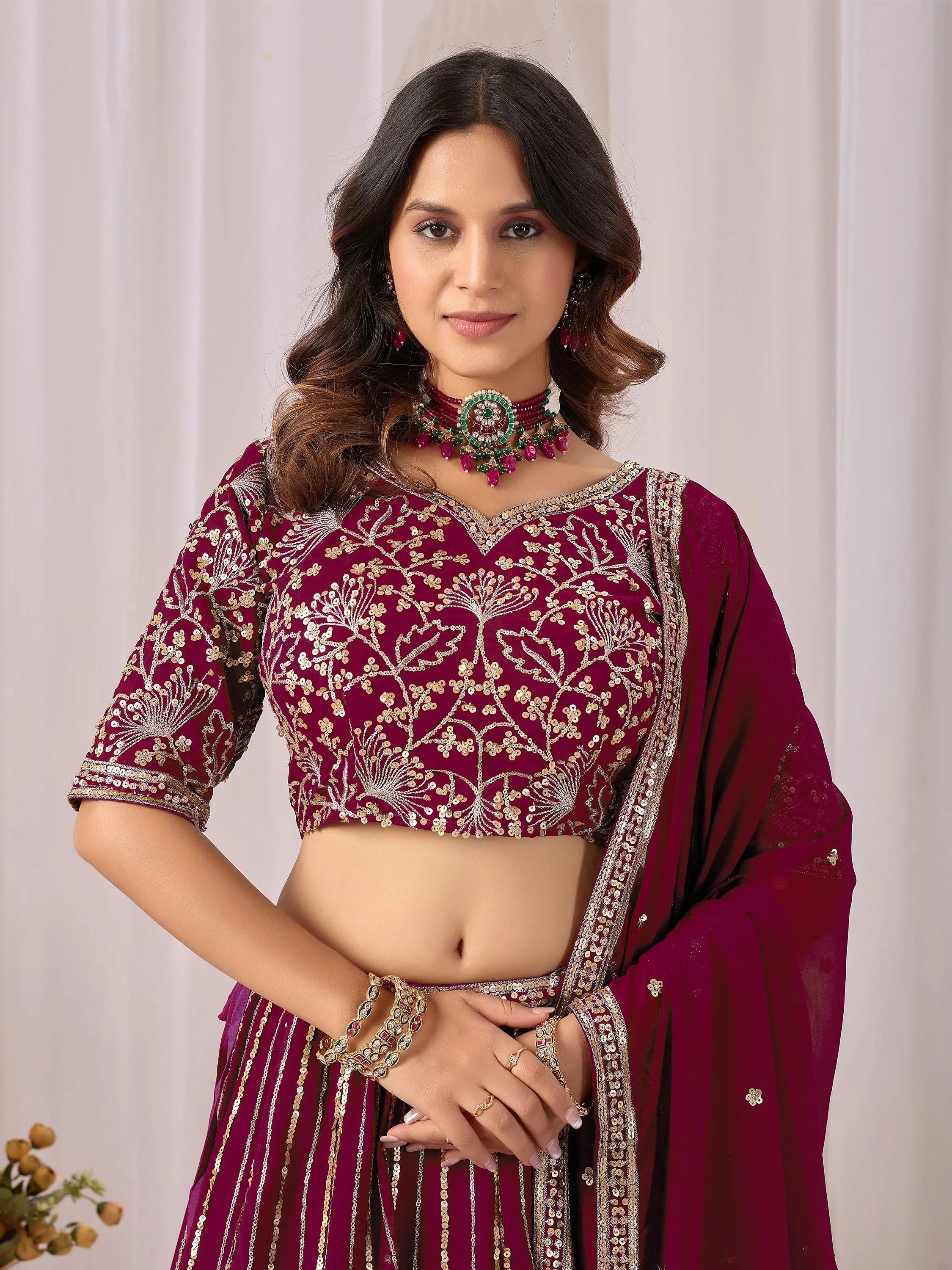 Phenomenal Maroon Sequins Georgette Wedding Wear Lehenga With Blouse