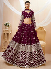 Gorgeous Wine Sequins Georgette Sangeet Wear Lehenga Choli