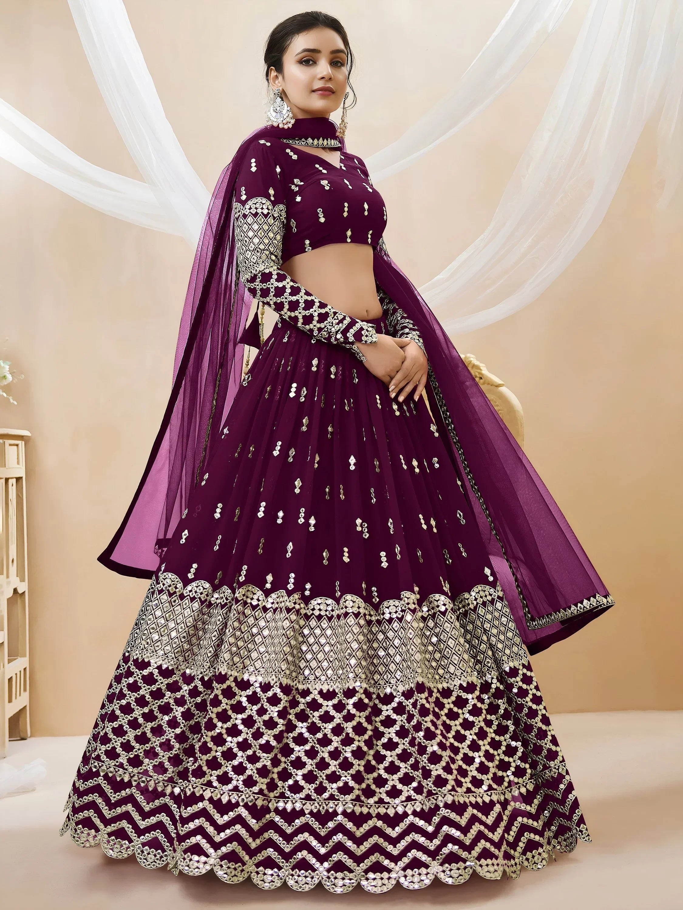 Gorgeous Wine Sequins Georgette Sangeet Wear Lehenga Choli