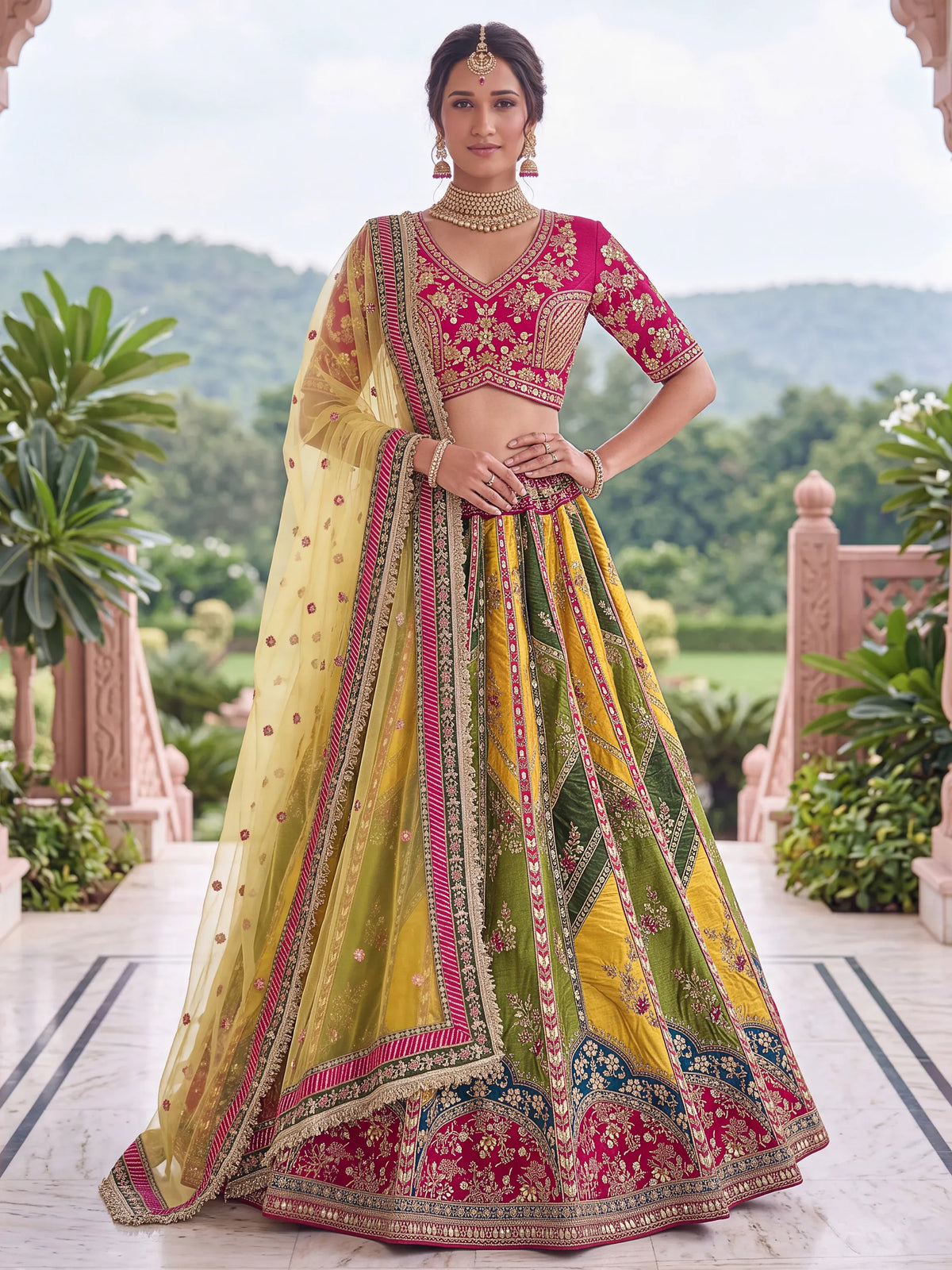 Notable Multi-Color Patch Work Silk Wedding Wear Lehenga Choli