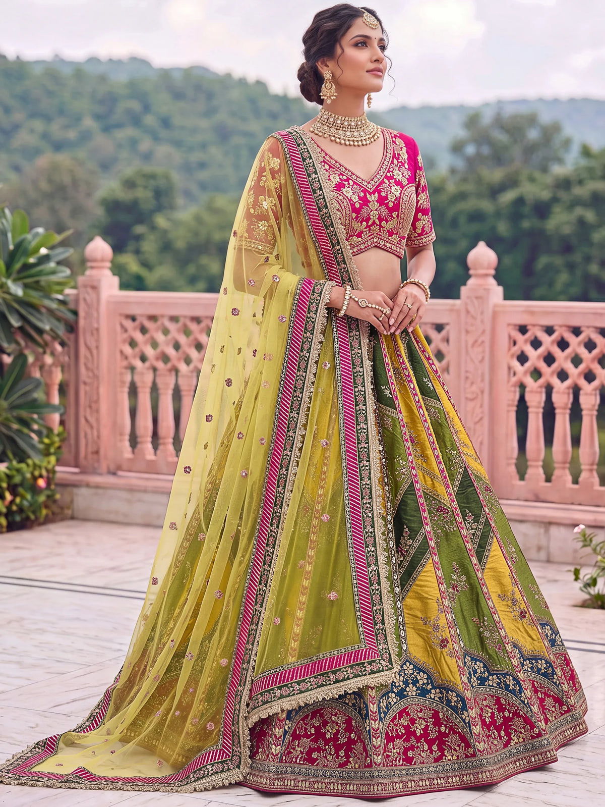 Notable Multi-Color Patch Work Silk Wedding Wear Lehenga Choli