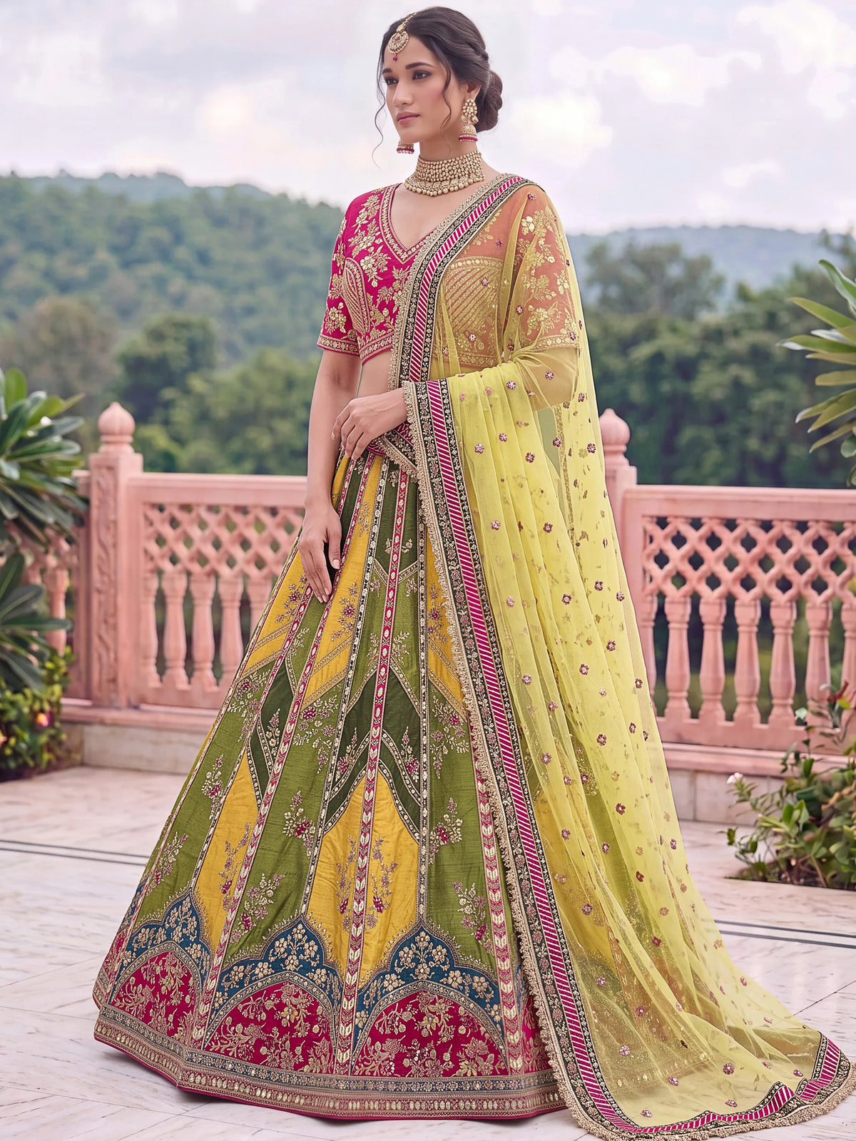 Notable Multi-Color Patch Work Silk Wedding Wear Lehenga Choli