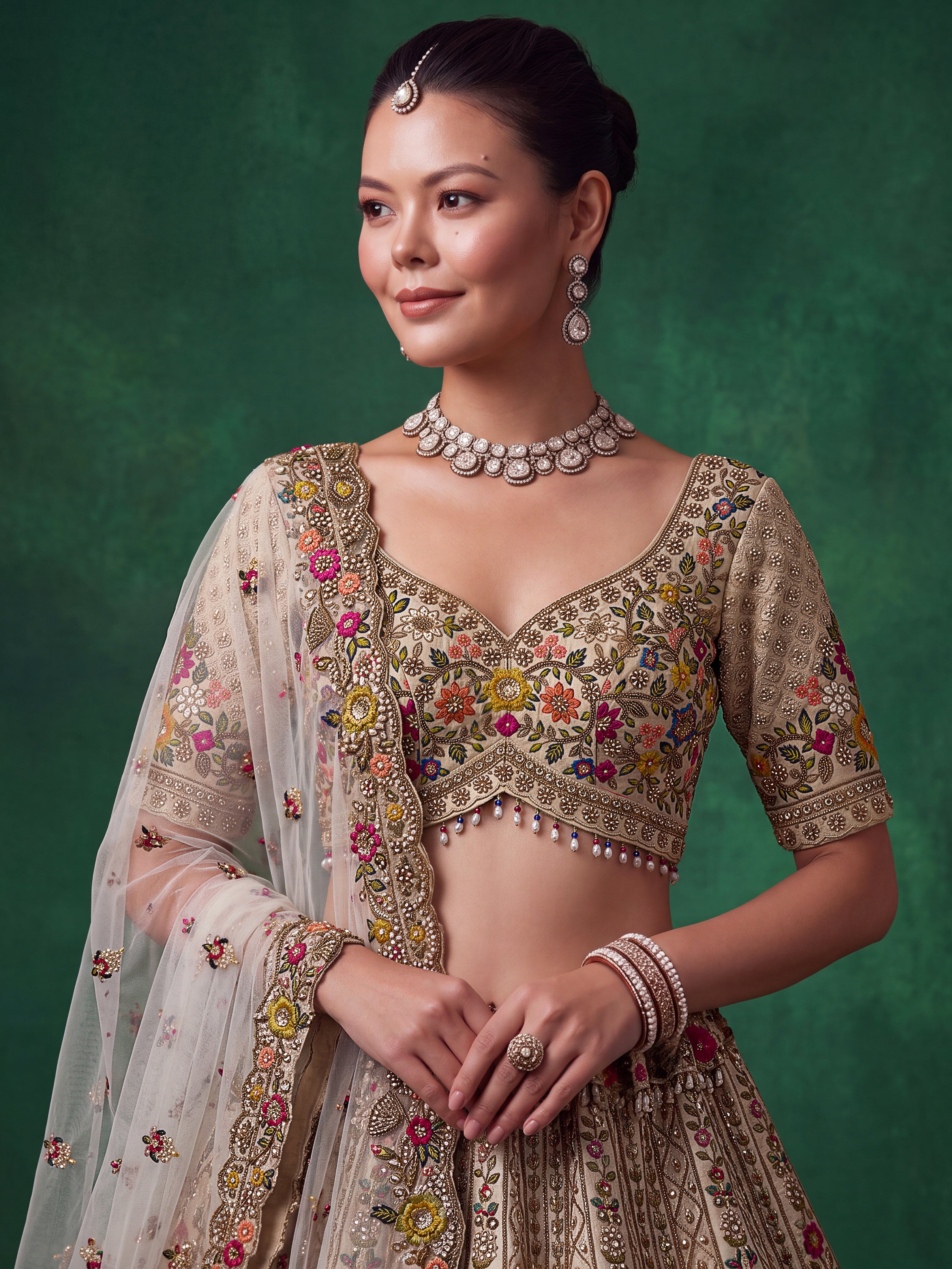 Royal Cream Thread Work Silk Wedding Wear Lehenga Choli With Dupatta