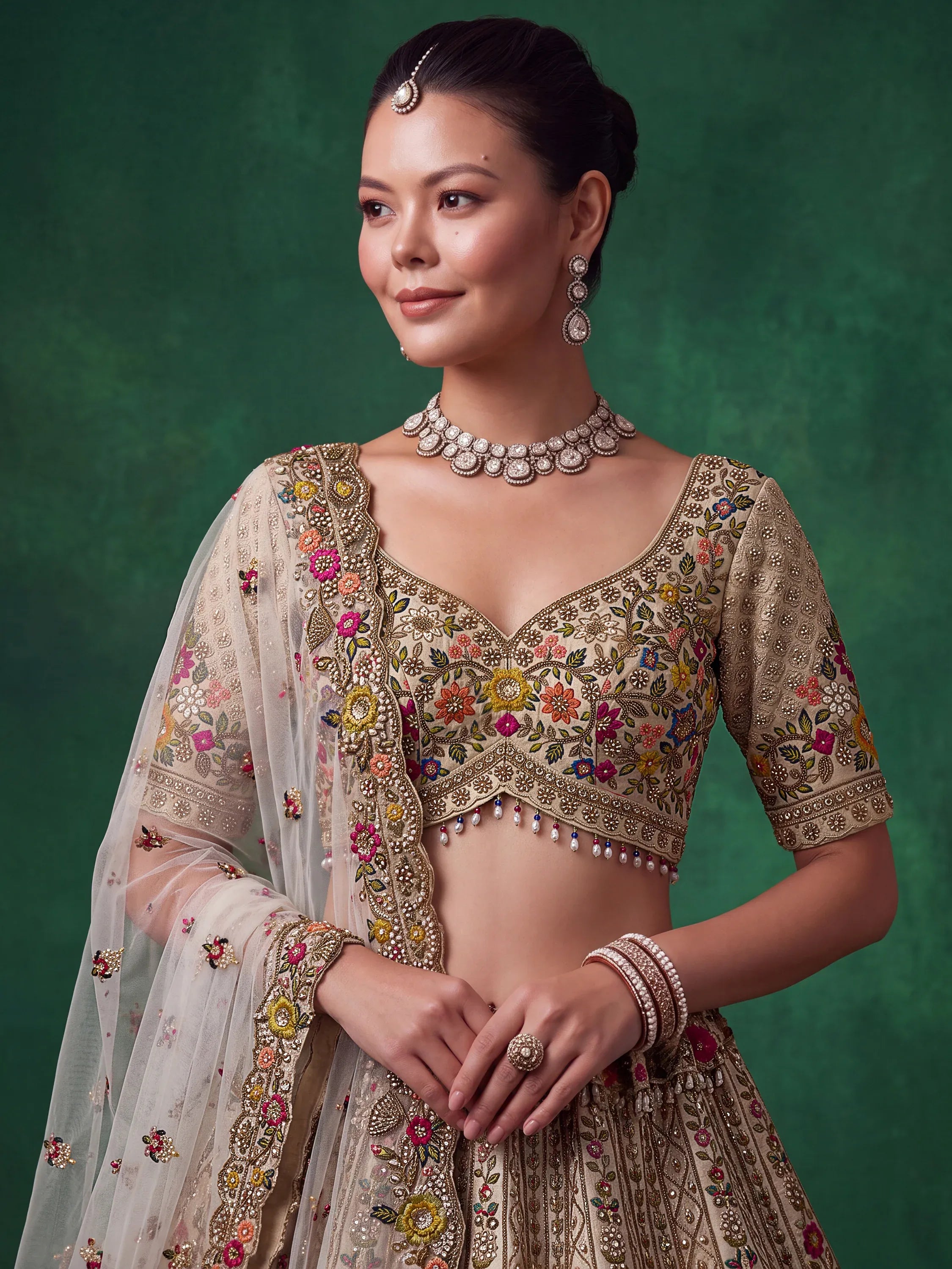 Royal Cream Thread Work Silk Wedding Wear Lehenga Choli With Dupatta