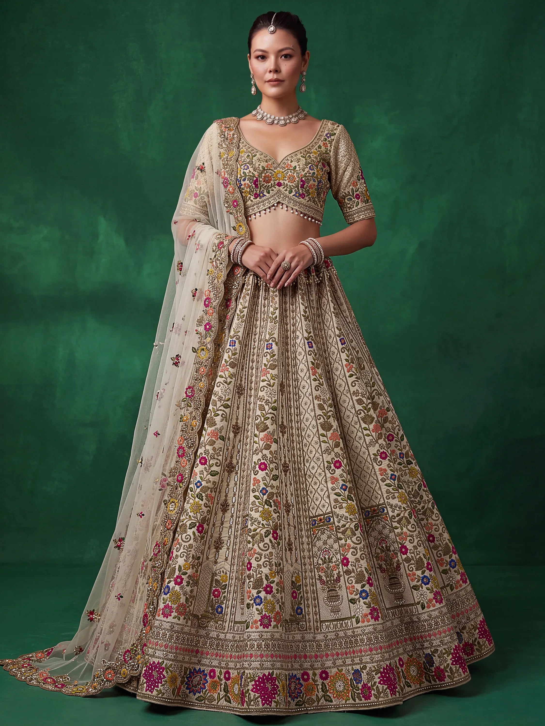 Royal Cream Thread Work Silk Wedding Wear Lehenga Choli With Dupatta