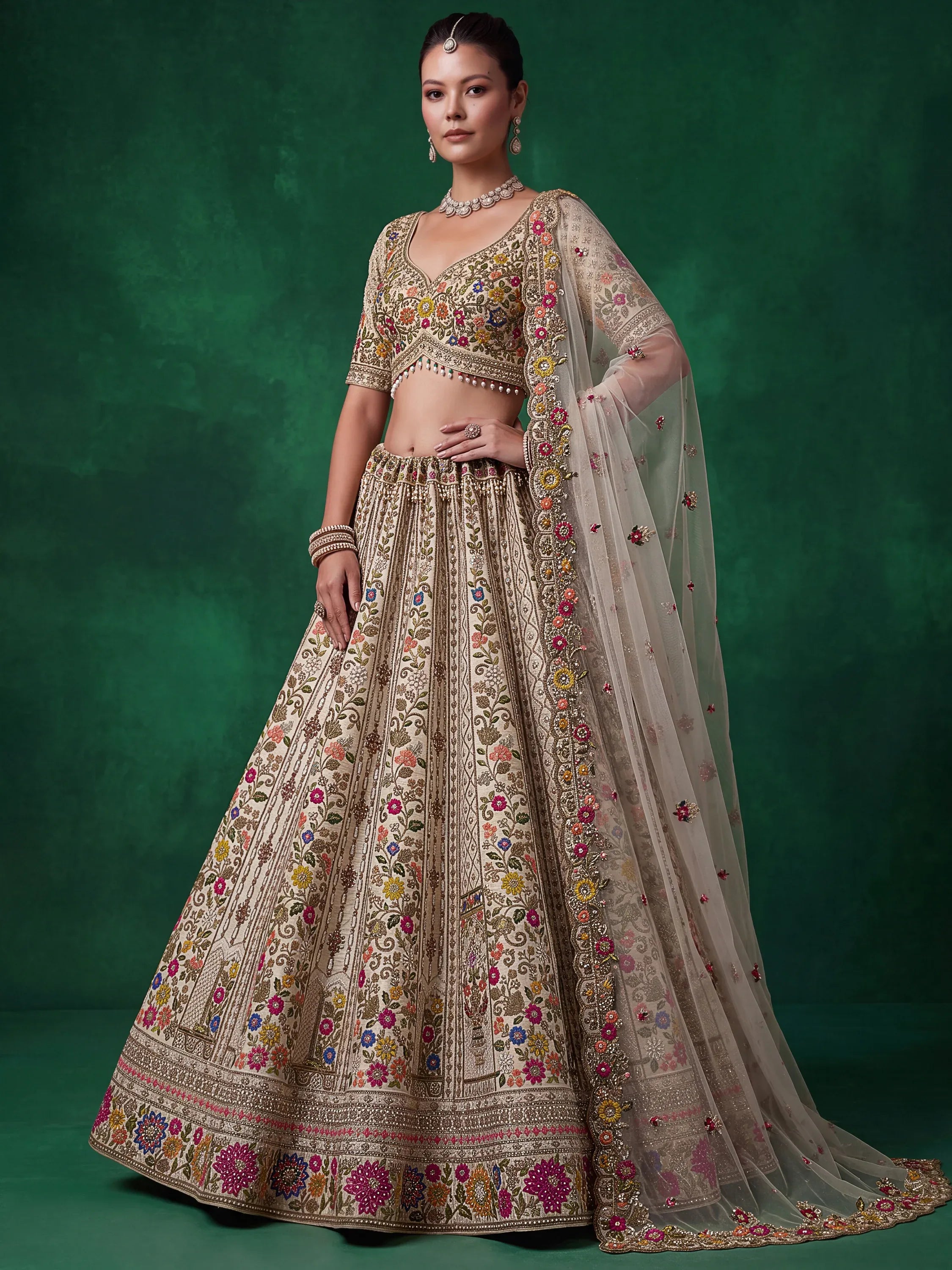 Royal Cream Thread Work Silk Wedding Wear Lehenga Choli With Dupatta