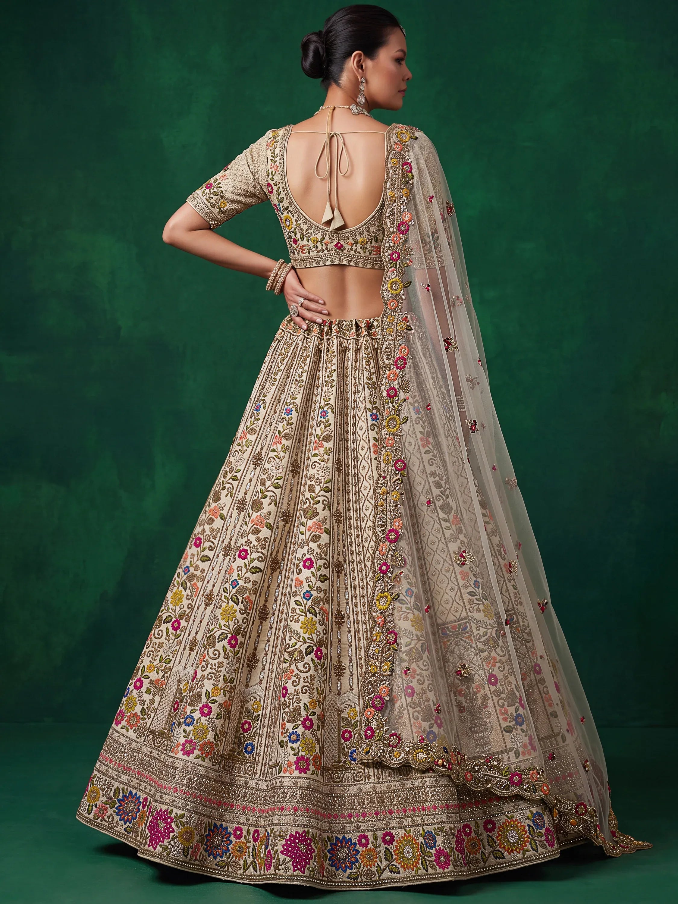Royal Cream Thread Work Silk Wedding Wear Lehenga Choli With Dupatta