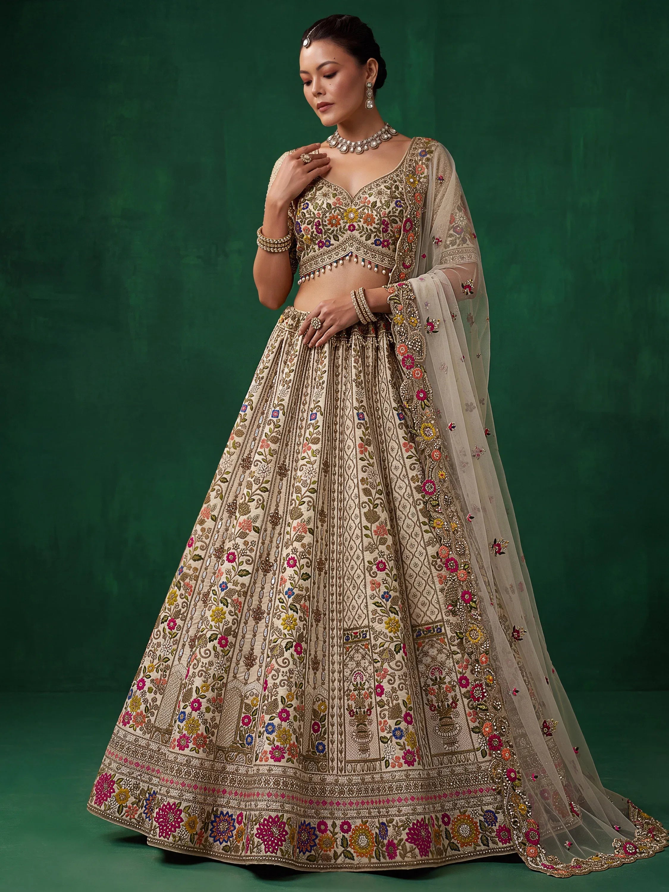 Royal Cream Thread Work Silk Wedding Wear Lehenga Choli With Dupatta