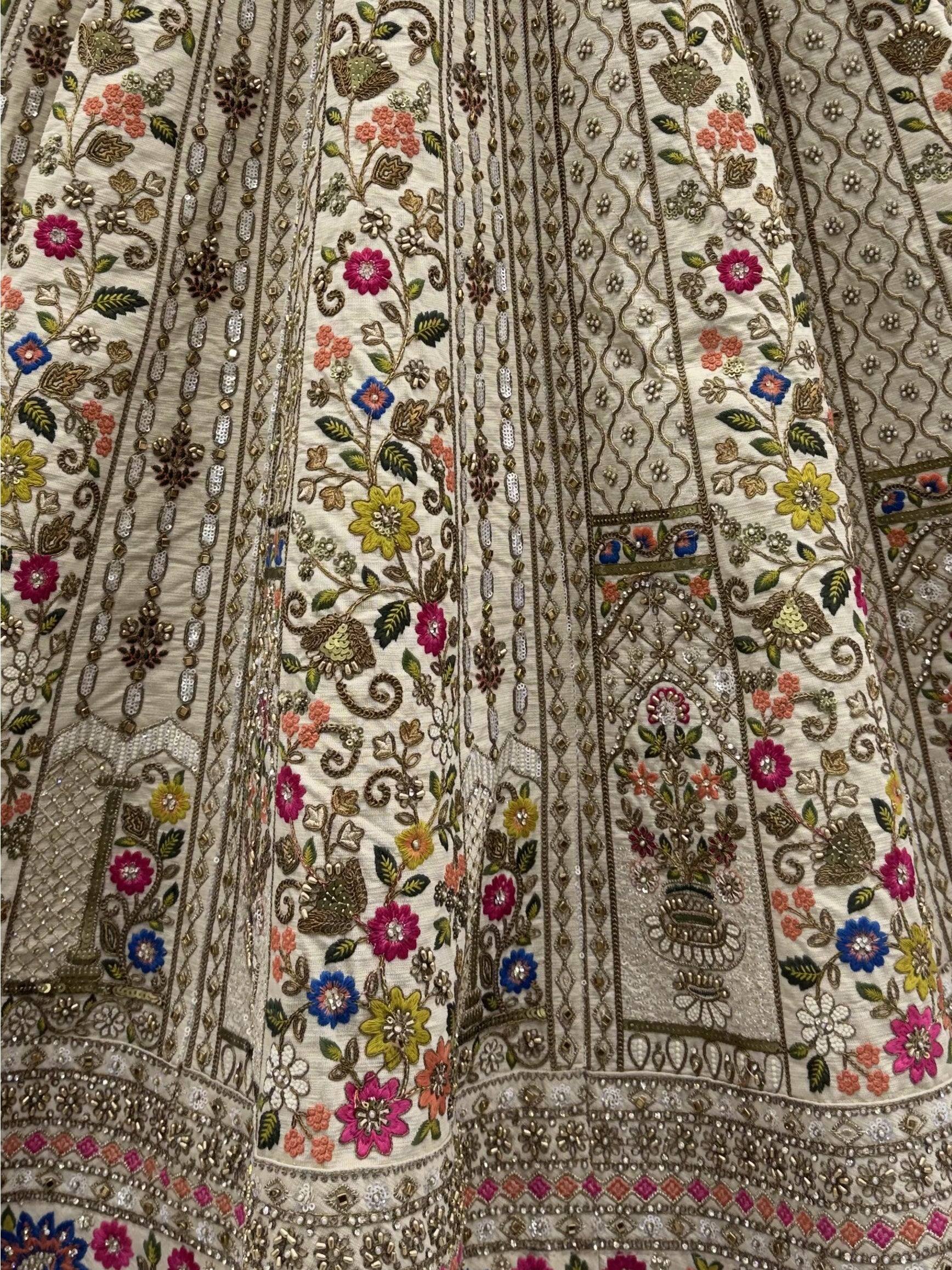 Royal Cream Thread Work Silk Wedding Wear Lehenga Choli With Dupatta