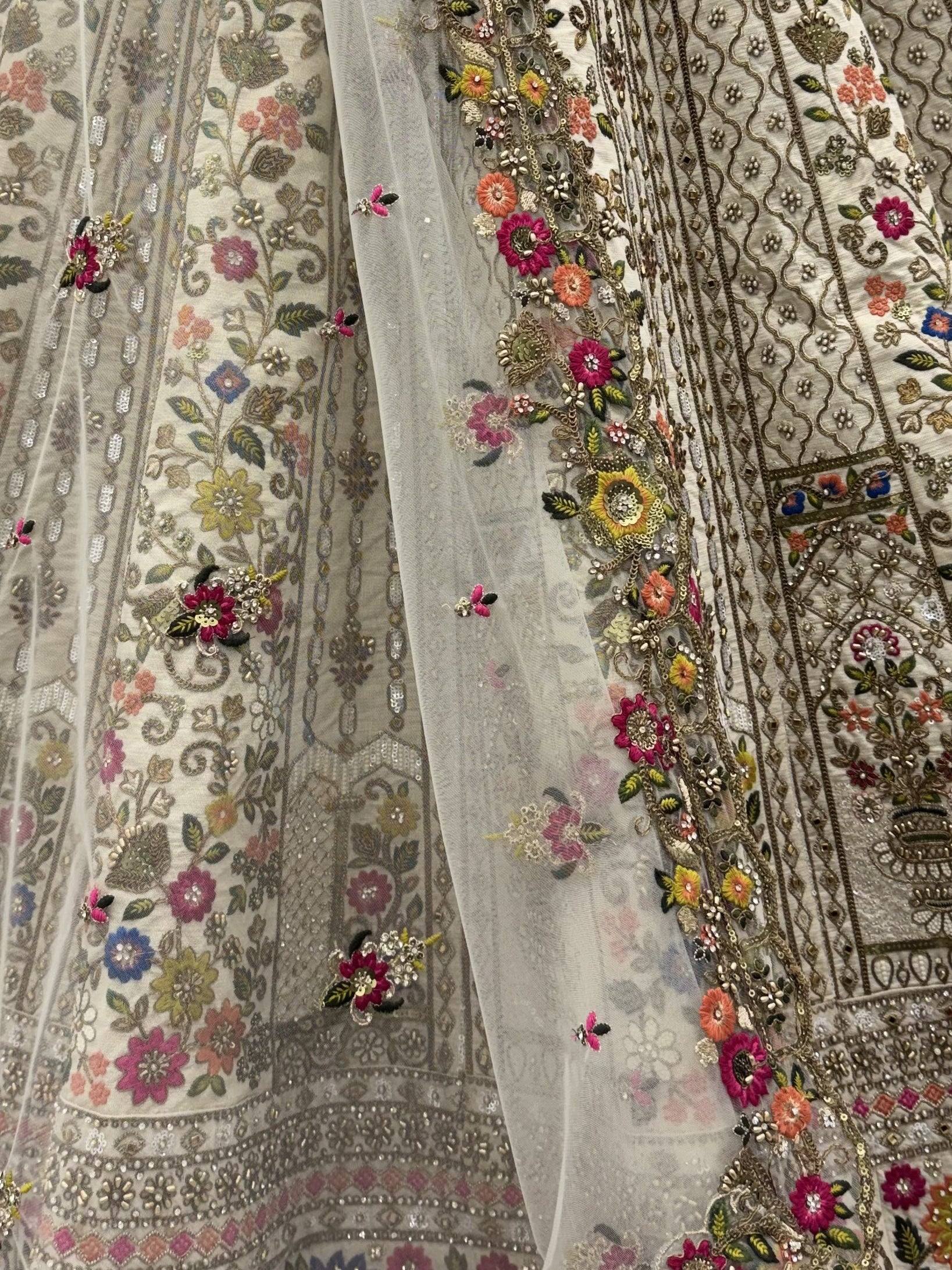 Royal Cream Thread Work Silk Wedding Wear Lehenga Choli With Dupatta