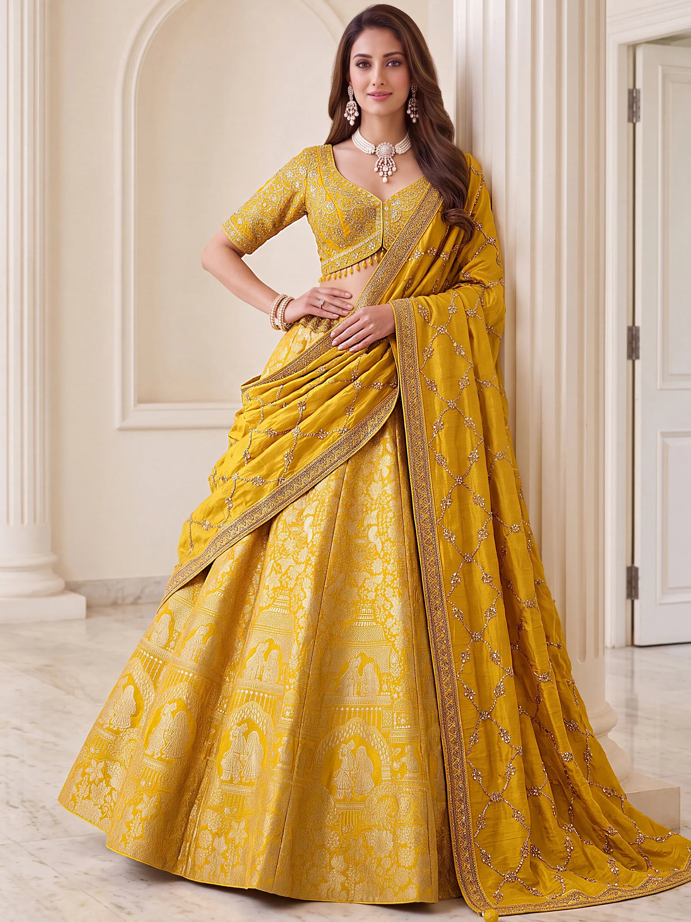 Elegant Yellow Zari Work Banarasi Silk Haldi Wear Lehenga With Blouse