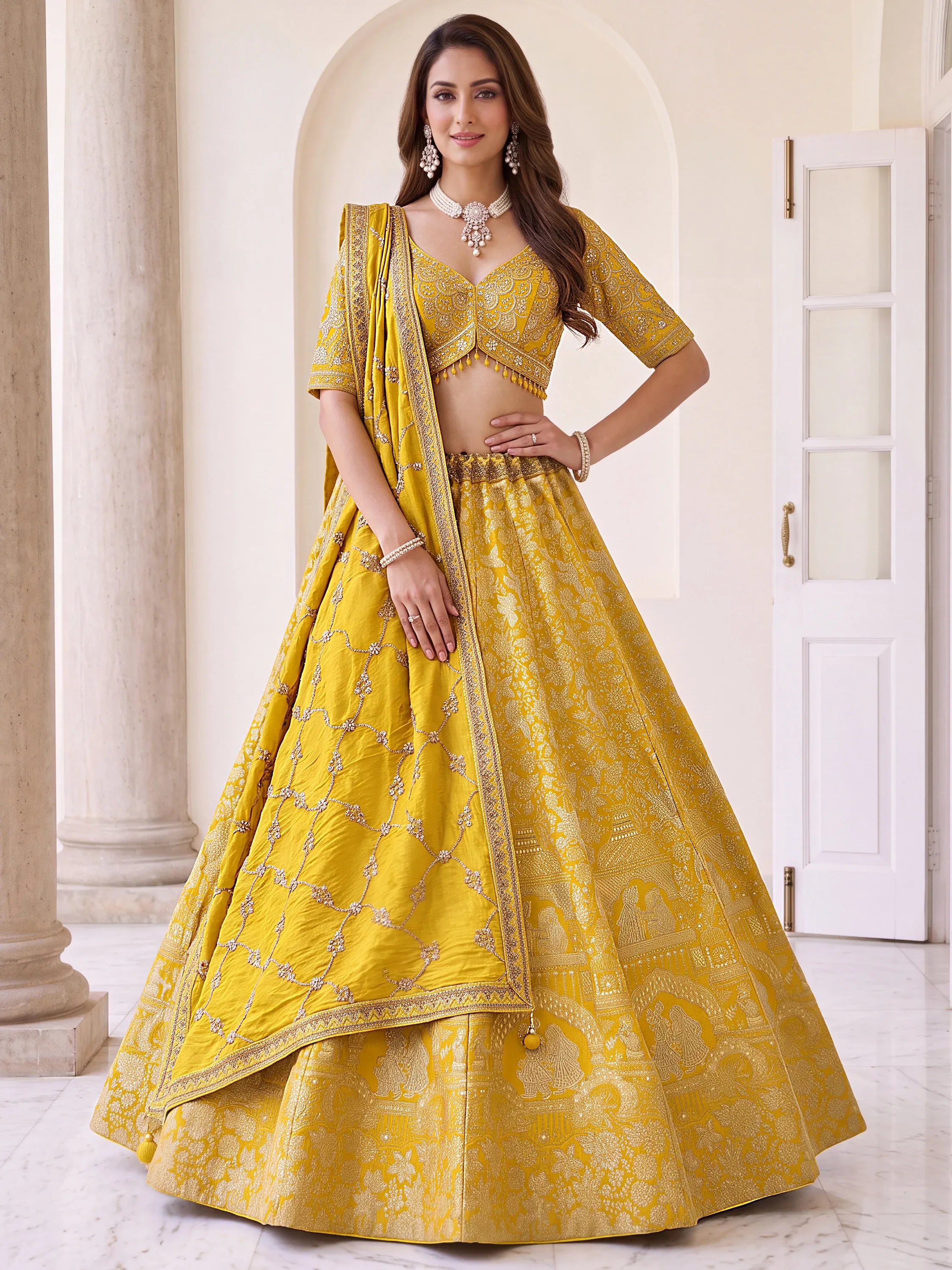 Elegant Yellow Zari Work Banarasi Silk Haldi Wear Lehenga With Blouse