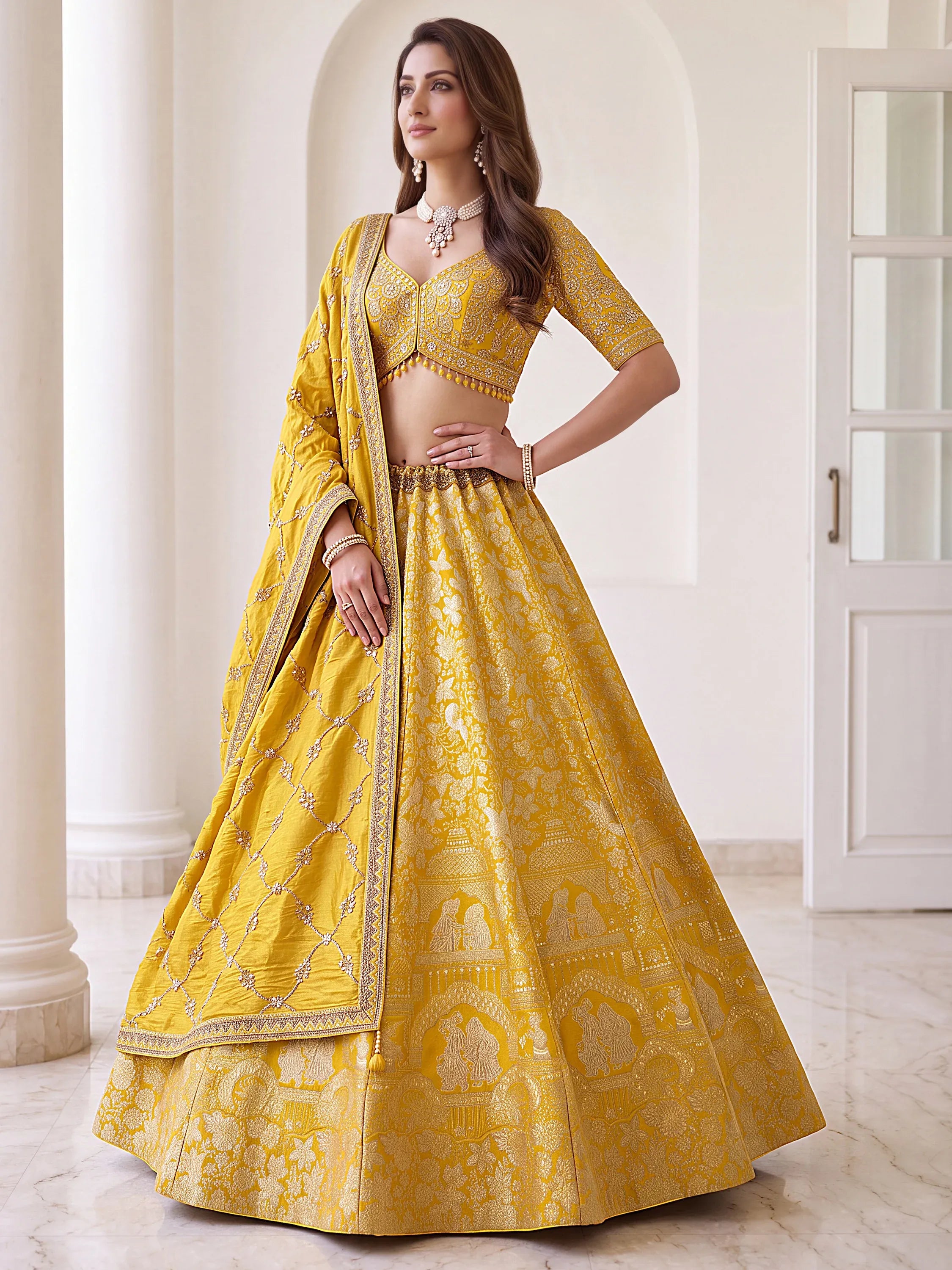 Elegant Yellow Zari Work Banarasi Silk Haldi Wear Lehenga With Blouse