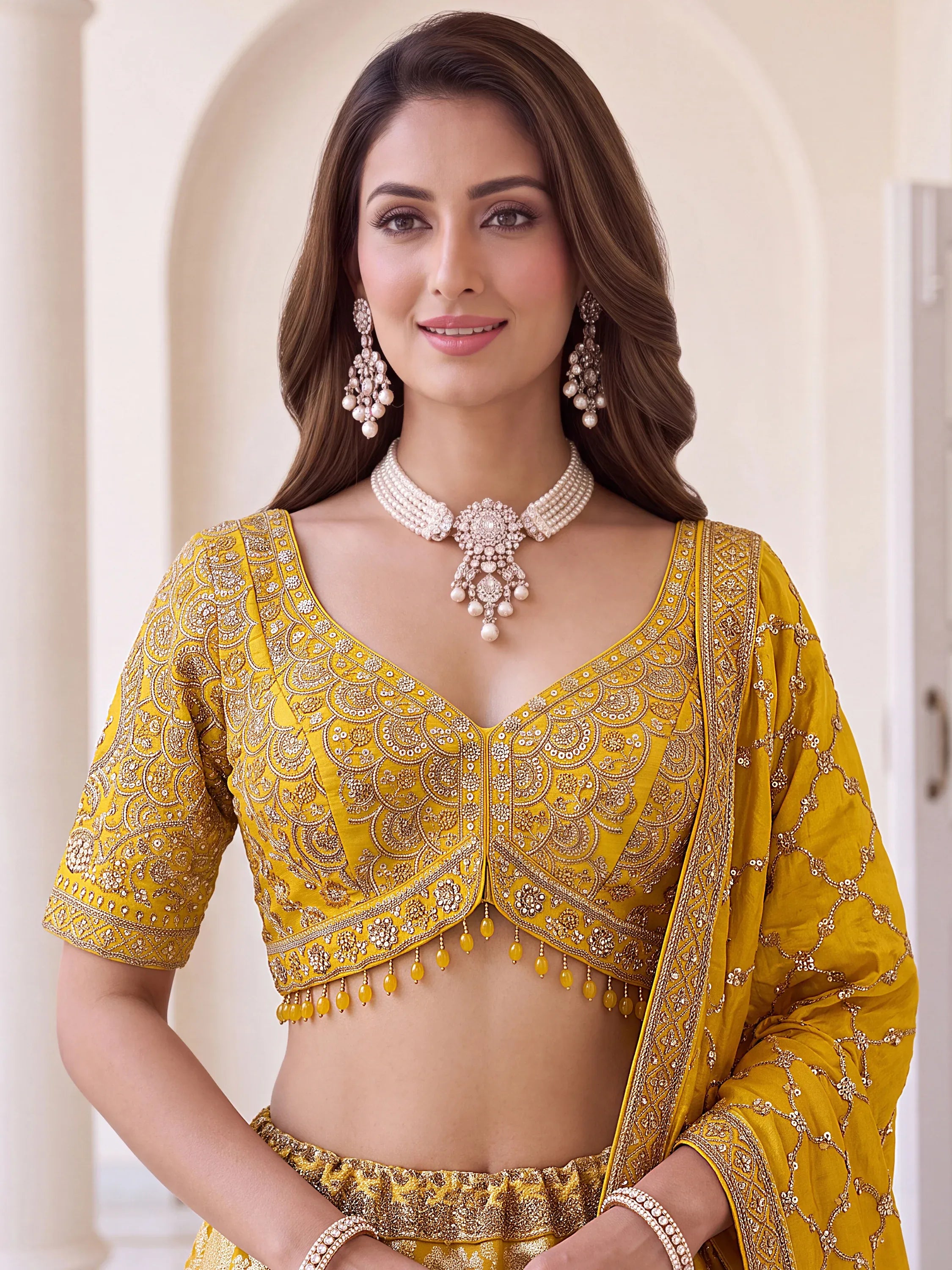 Elegant Yellow Zari Work Banarasi Silk Haldi Wear Lehenga With Blouse
