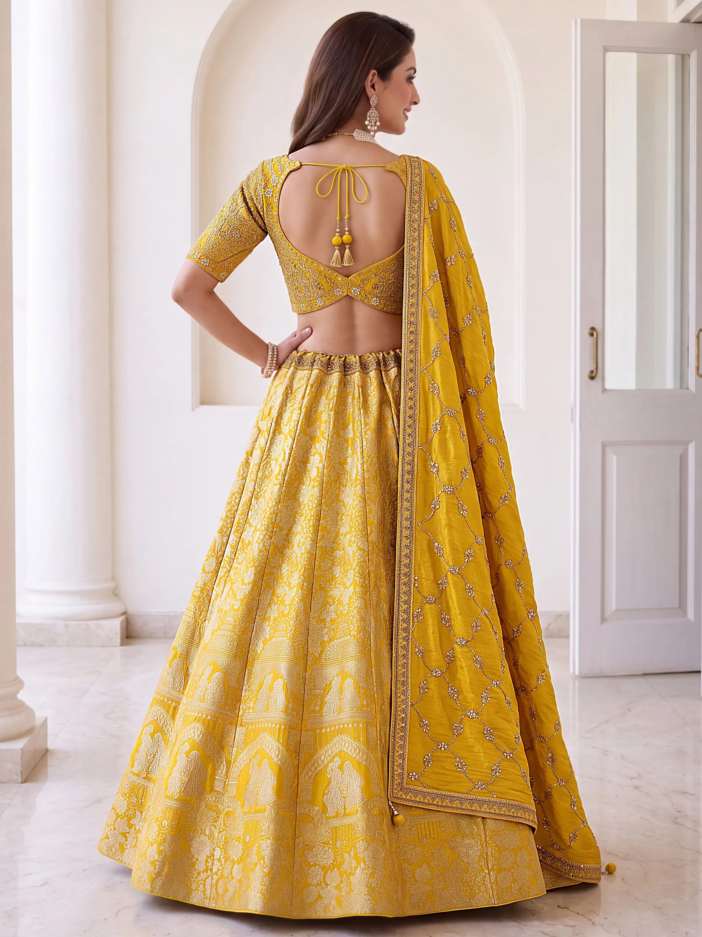 Elegant Yellow Zari Work Banarasi Silk Haldi Wear Lehenga With Blouse