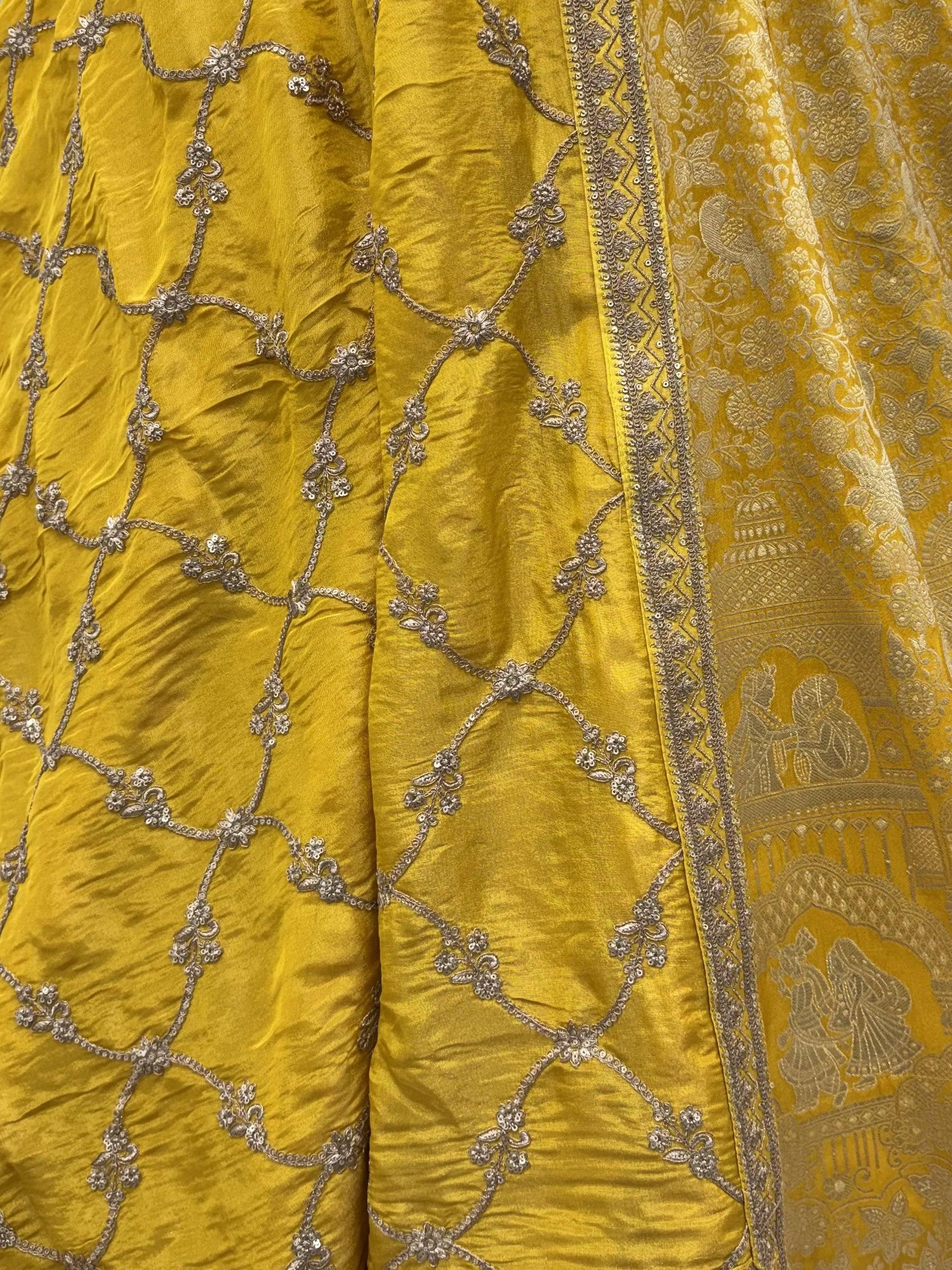 Elegant Yellow Zari Work Banarasi Silk Haldi Wear Lehenga With Blouse