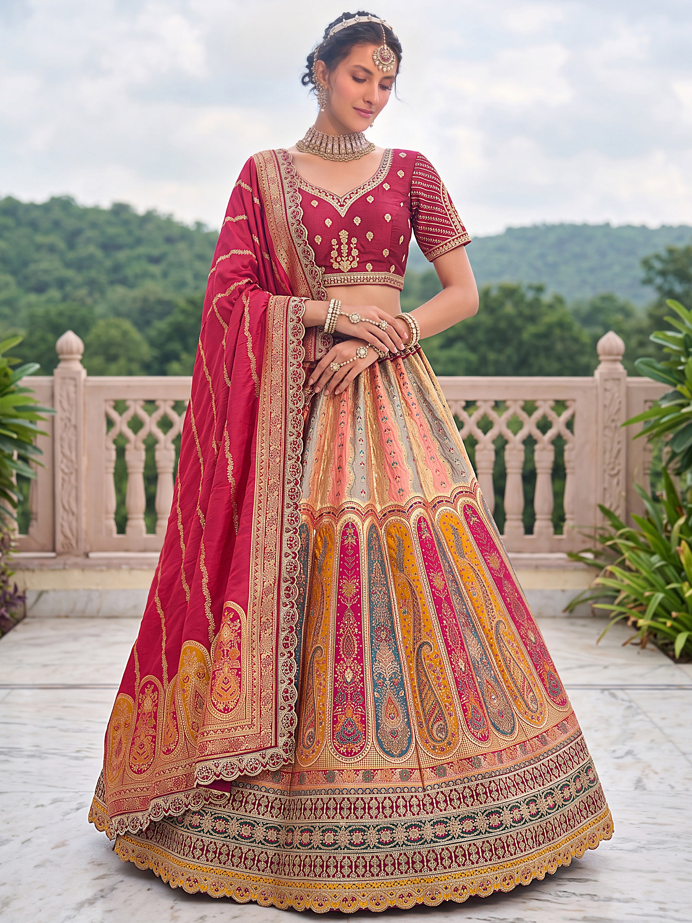 Grand Multicolor Zari Work Banarasi Reception Wear Lehenga Choli