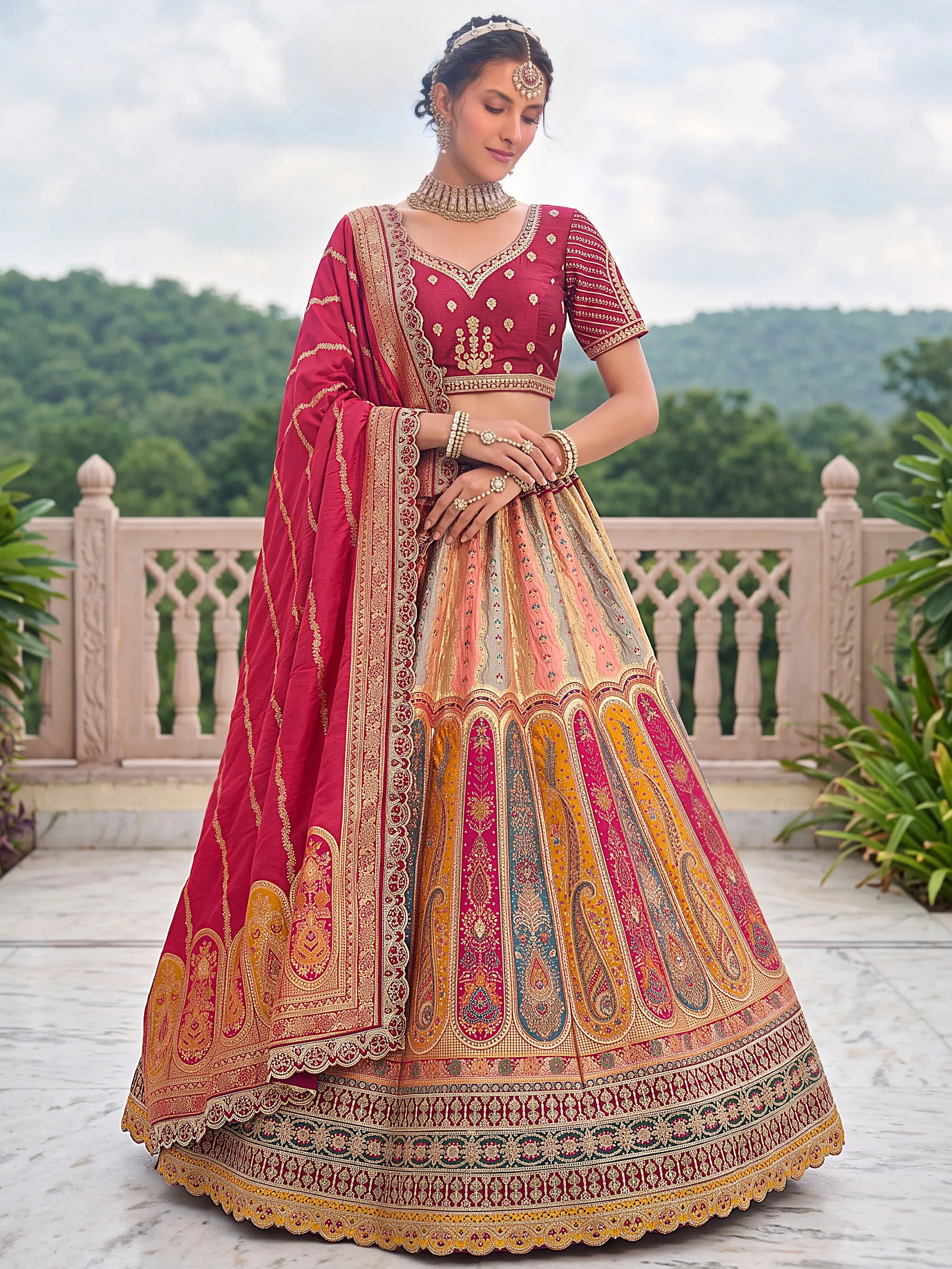 Grand Multicolor Zari Work Banarasi Reception Wear Lehenga Choli