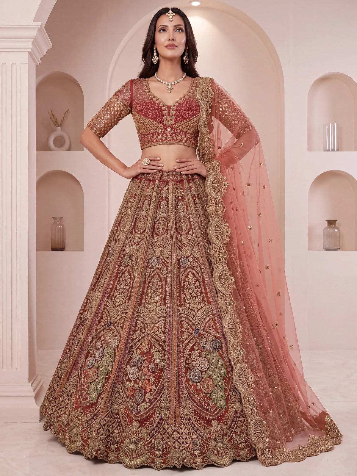 Regal Rust Pink Zircon Work Net Wedding Wear Lehenga With Blouse