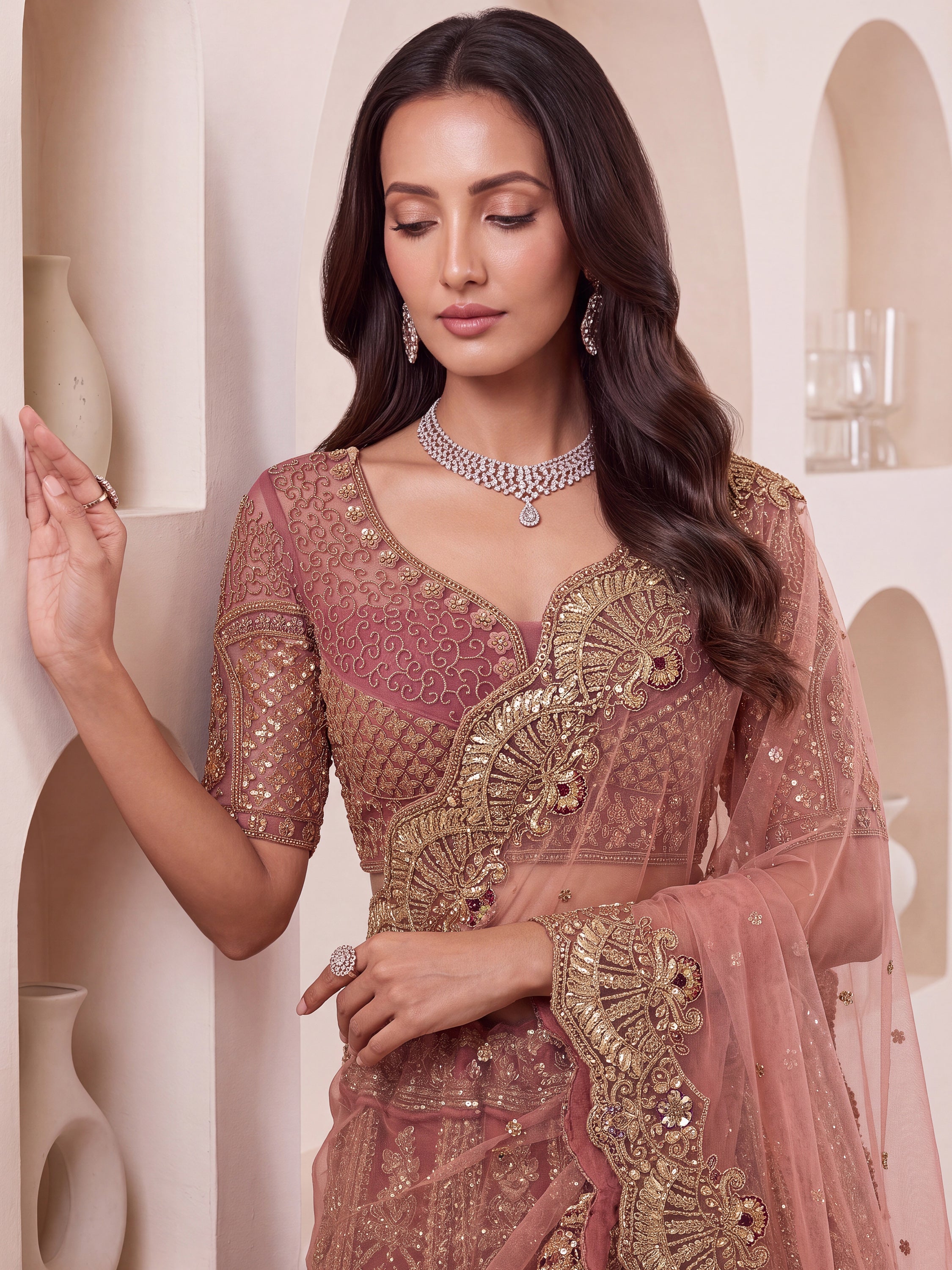 Lovely Dusty Mauve Thread Work Net Reception Wear Lehenga Choli