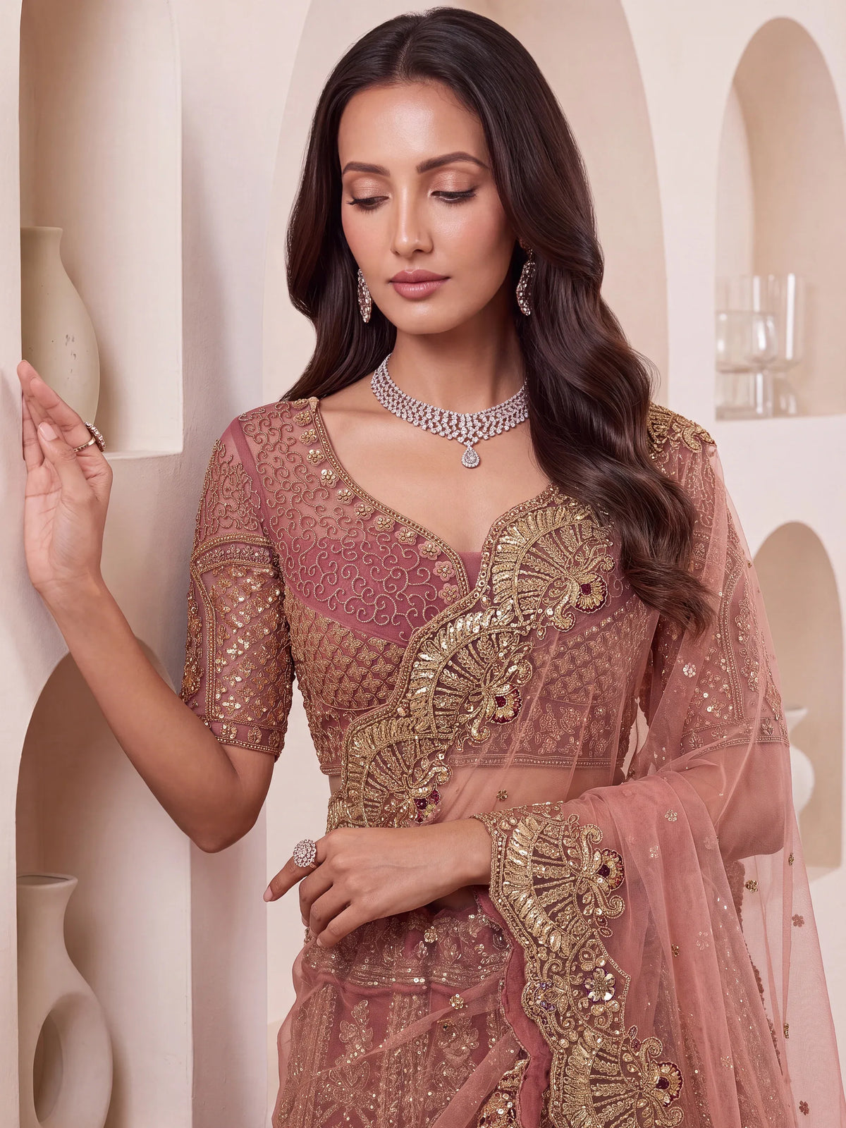 Lovely Dusty Mauve Thread Work Net Reception Wear Lehenga Choli