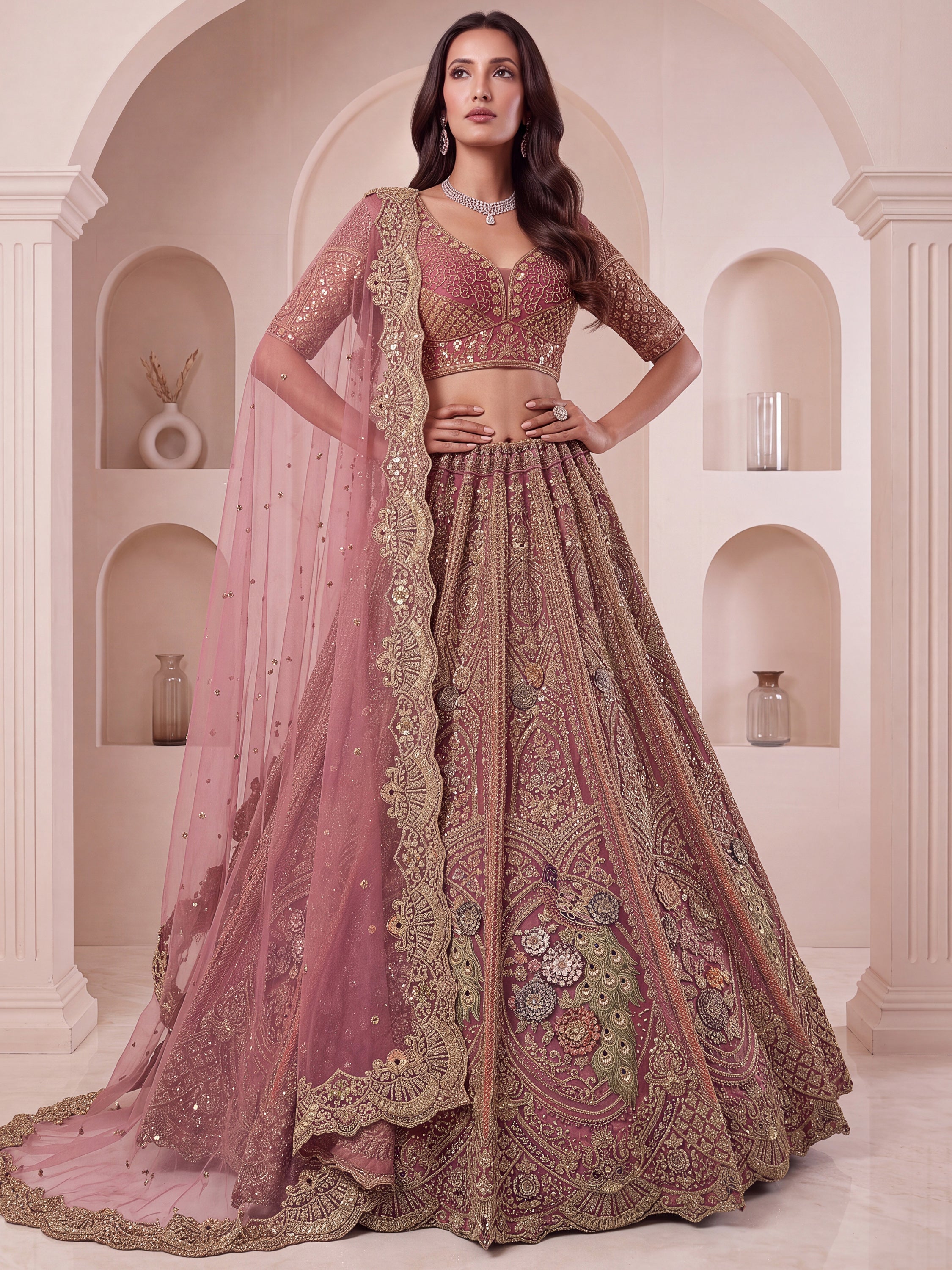 Lovely Dusty Mauve Thread Work Net Reception Wear Lehenga Choli