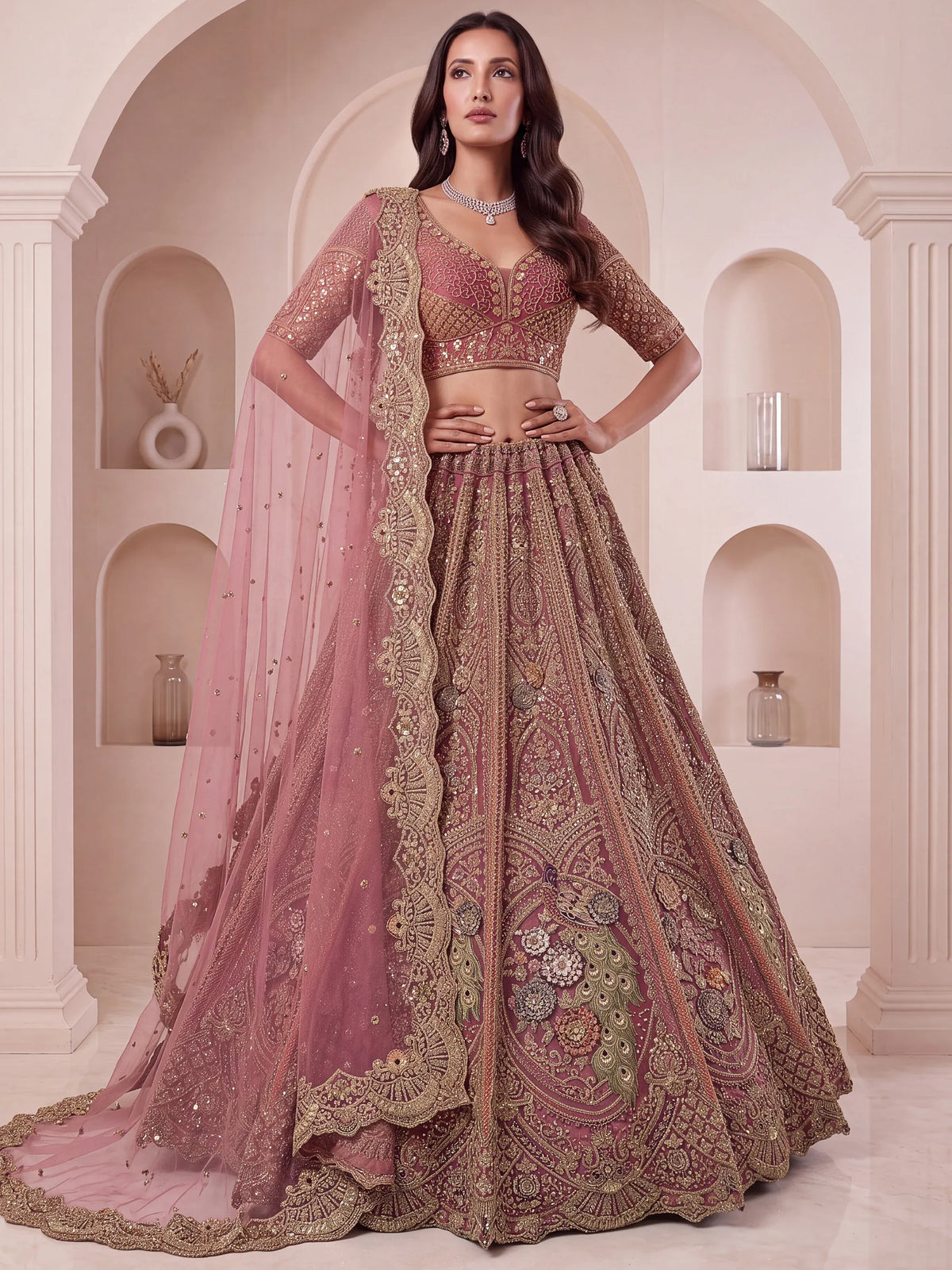Lovely Dusty Mauve Thread Work Net Reception Wear Lehenga Choli