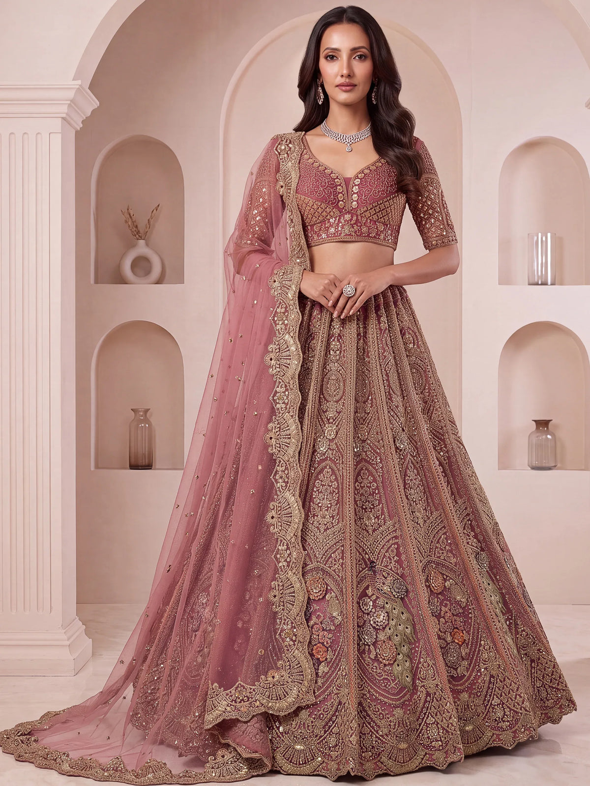 Lovely Dusty Mauve Thread Work Net Reception Wear Lehenga Choli