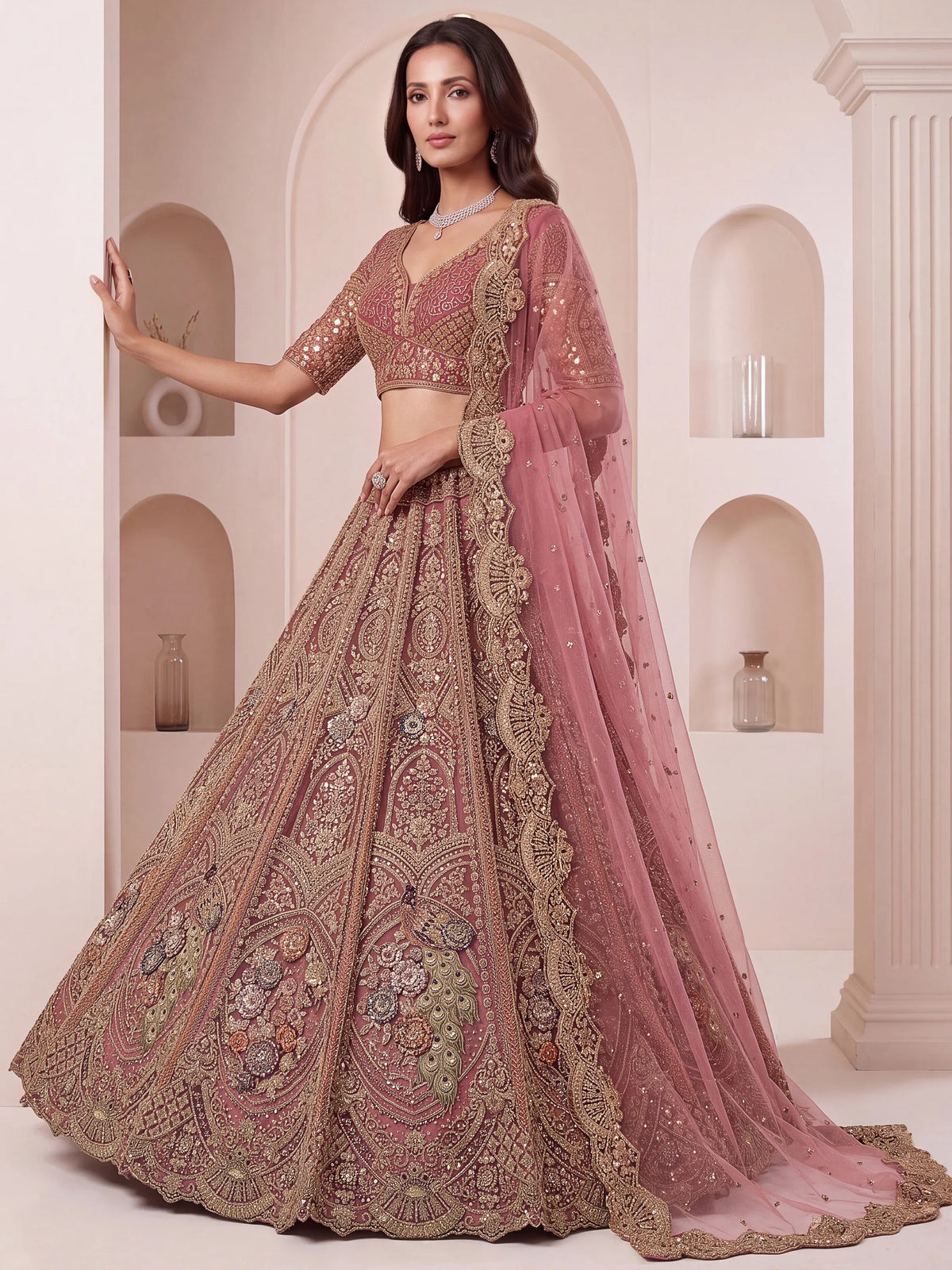 Lovely Dusty Mauve Thread Work Net Reception Wear Lehenga Choli