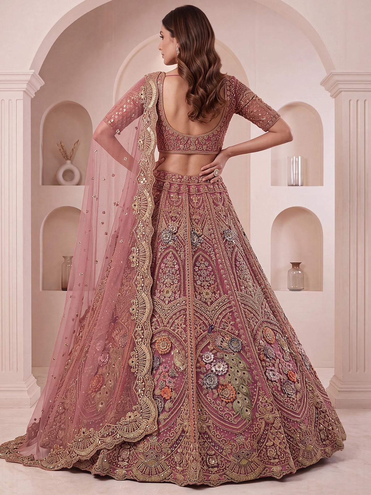 Lovely Dusty Mauve Thread Work Net Reception Wear Lehenga Choli
