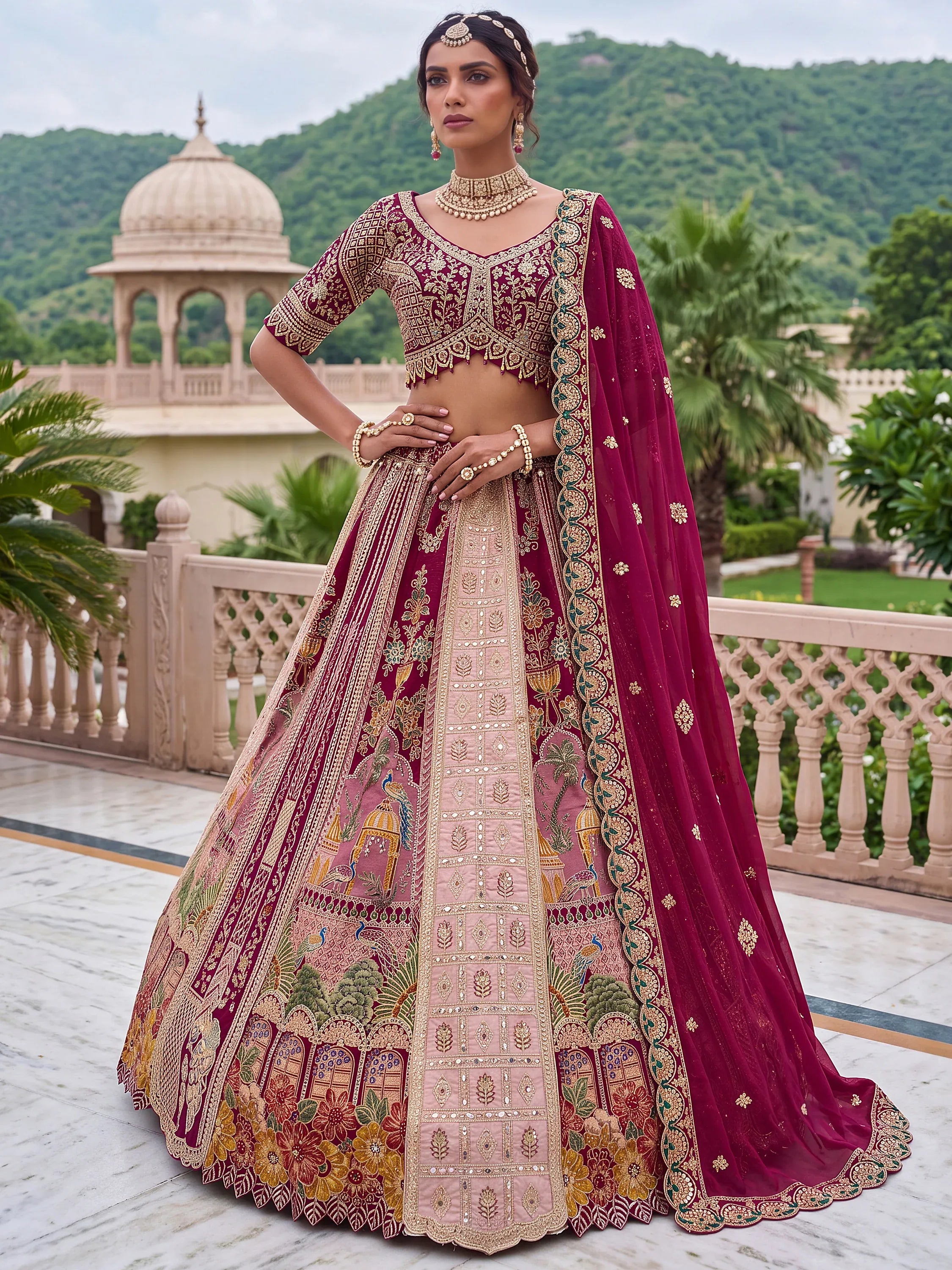 Exclusive Wine Dori Embroidery Banarasi Bridal Lehenga Choli With Dupatta