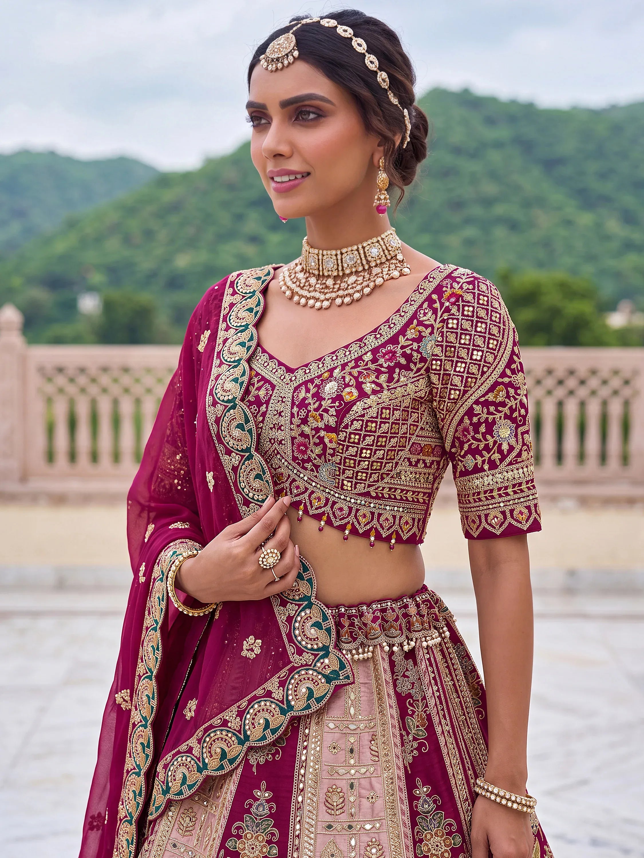 Exclusive Wine Dori Embroidery Banarasi Bridal Lehenga Choli With Dupatta
