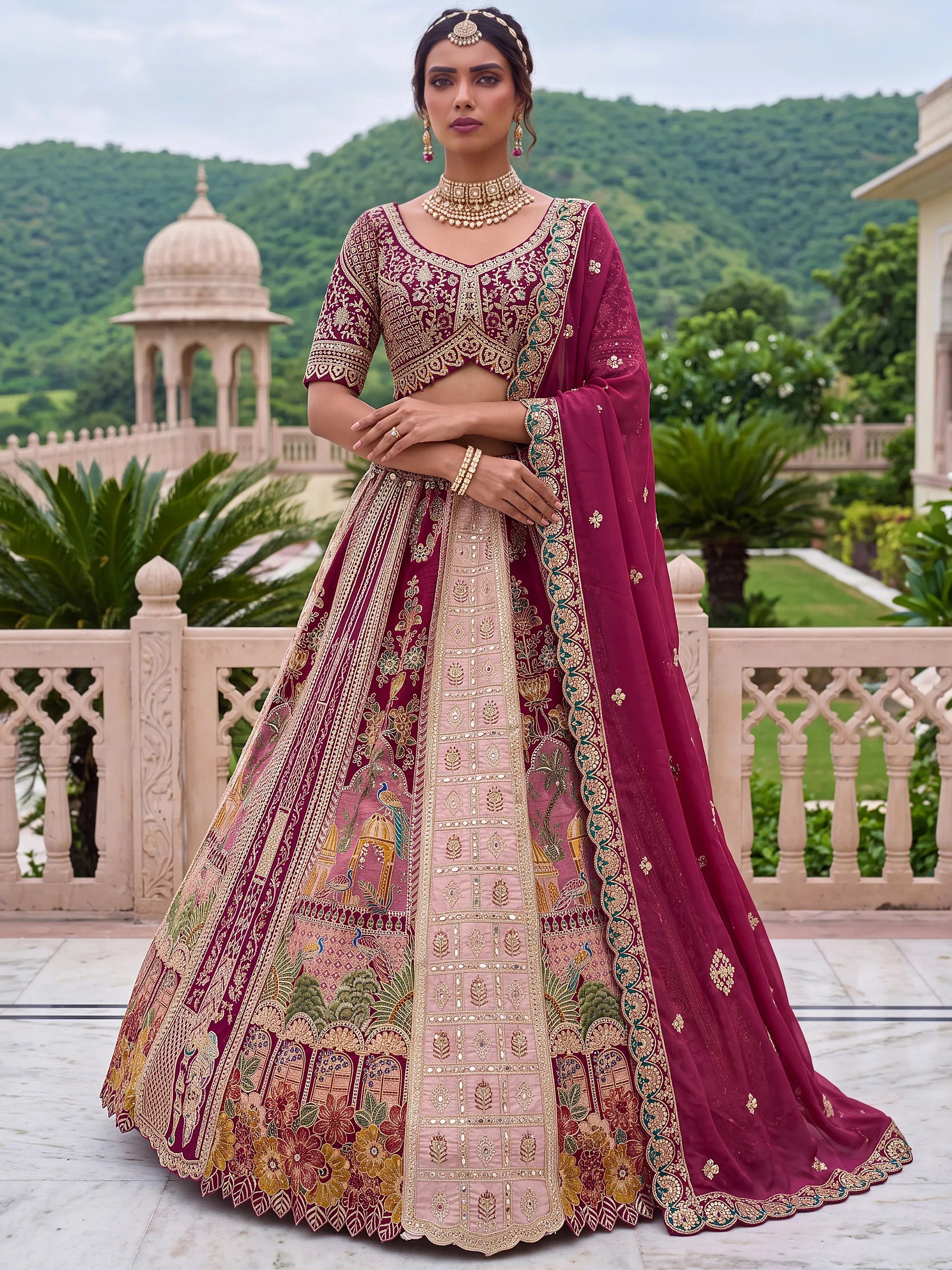 Exclusive Wine Dori Embroidery Banarasi Bridal Lehenga Choli With Dupatta