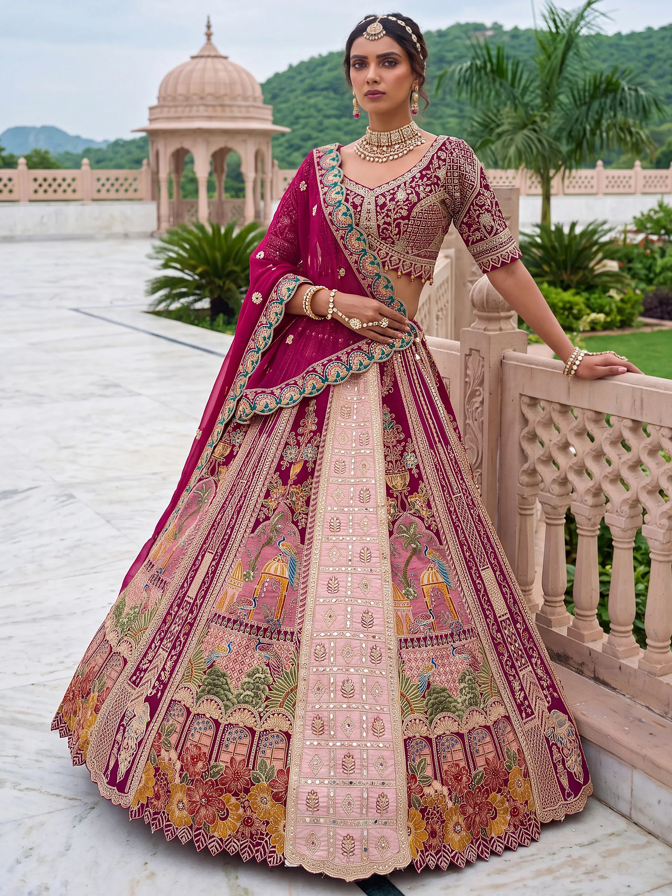 Exclusive Wine Dori Embroidery Banarasi Bridal Lehenga Choli With Dupatta