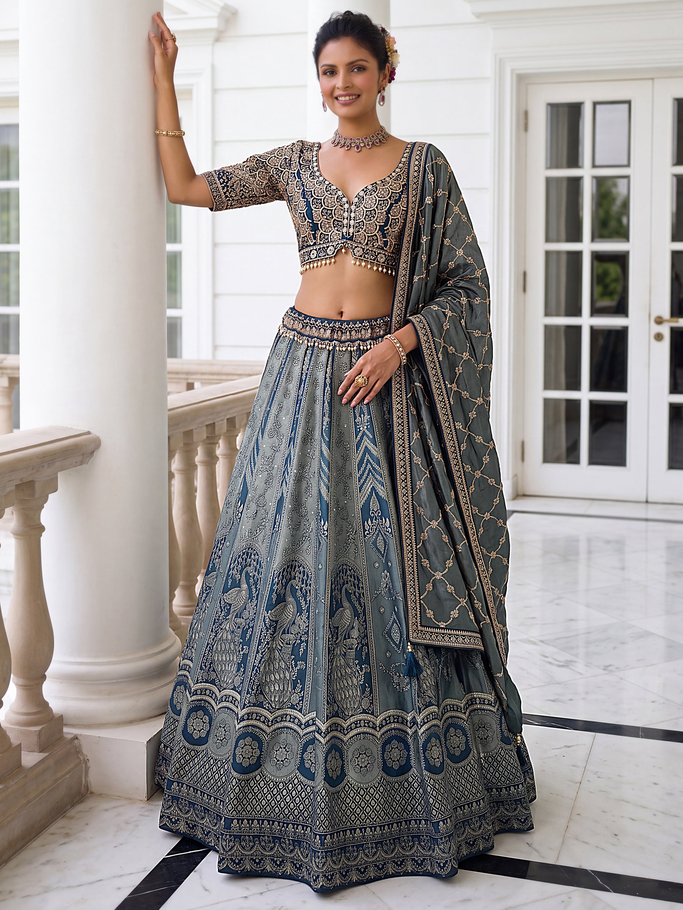Awesome Grey Zari Weaving Banarasi Silk Designer Lehenga Choli