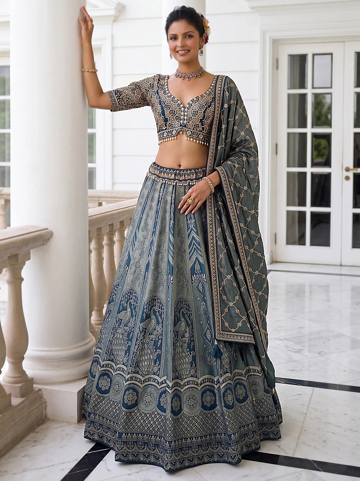 Awesome Grey Zari Weaving Banarasi Silk Designer Lehenga Choli