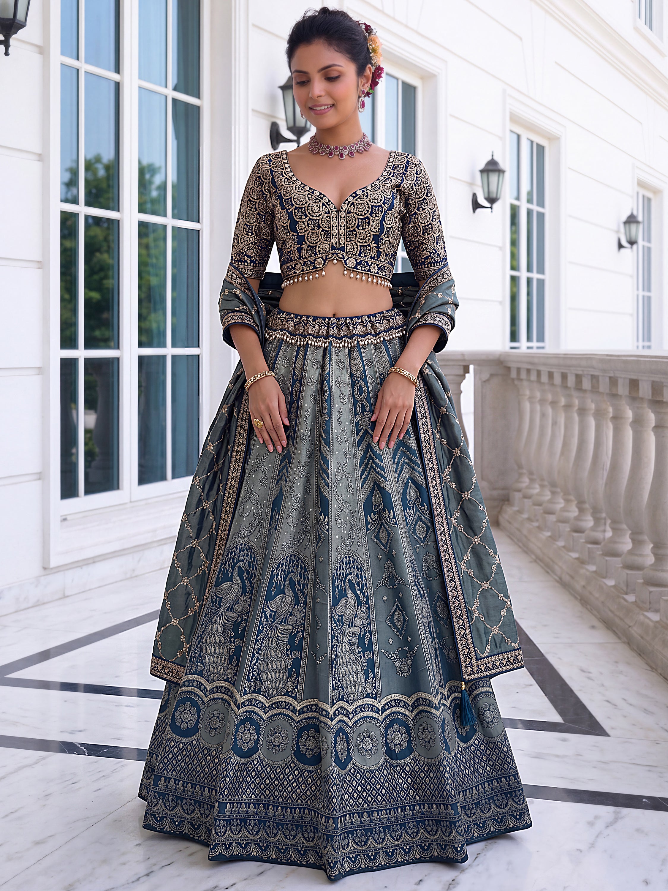 Awesome Grey Zari Weaving Banarasi Silk Designer Lehenga Choli