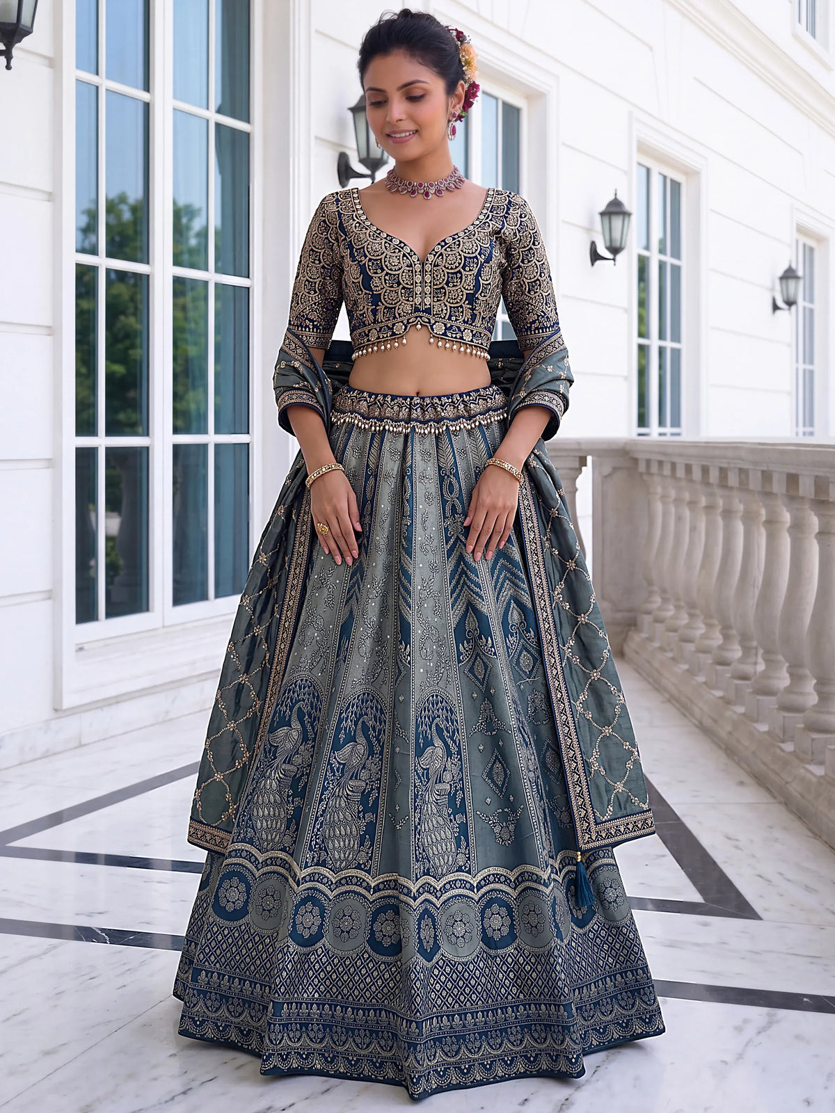 Awesome Grey Zari Weaving Banarasi Silk Designer Lehenga Choli