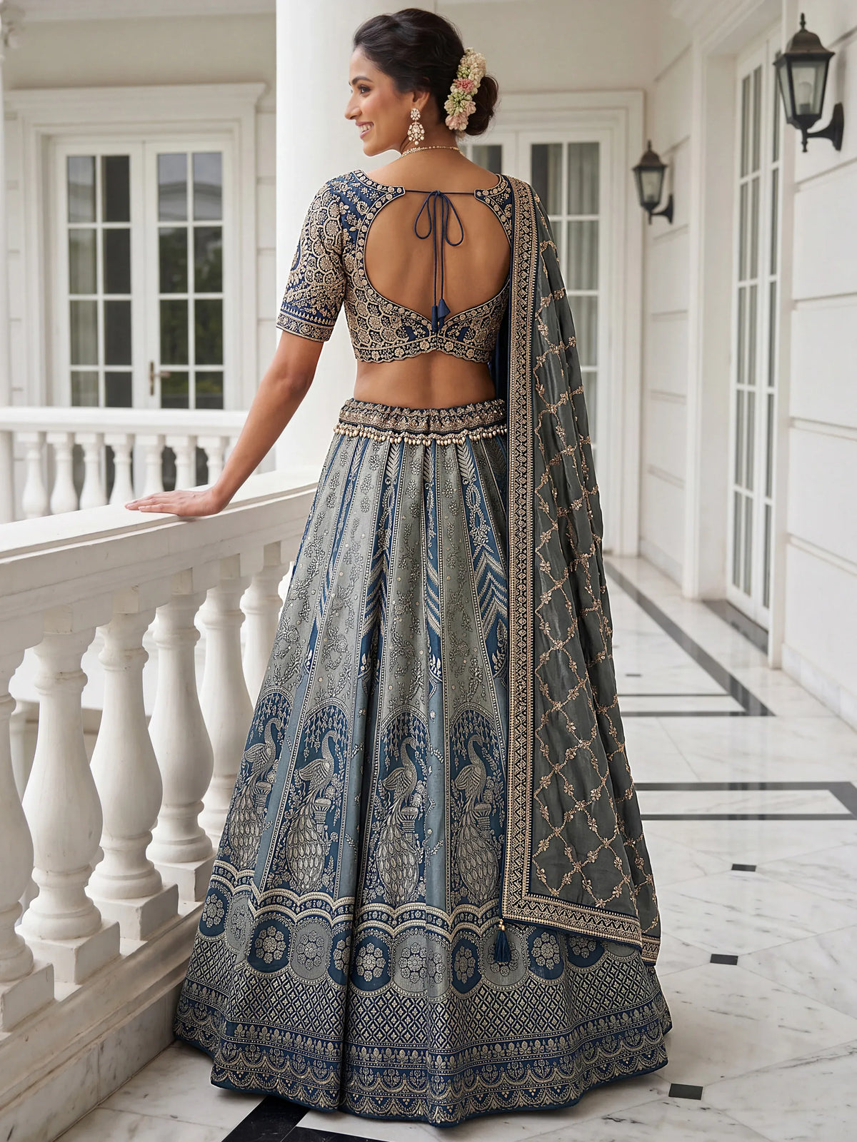 Awesome Grey Zari Weaving Banarasi Silk Designer Lehenga Choli