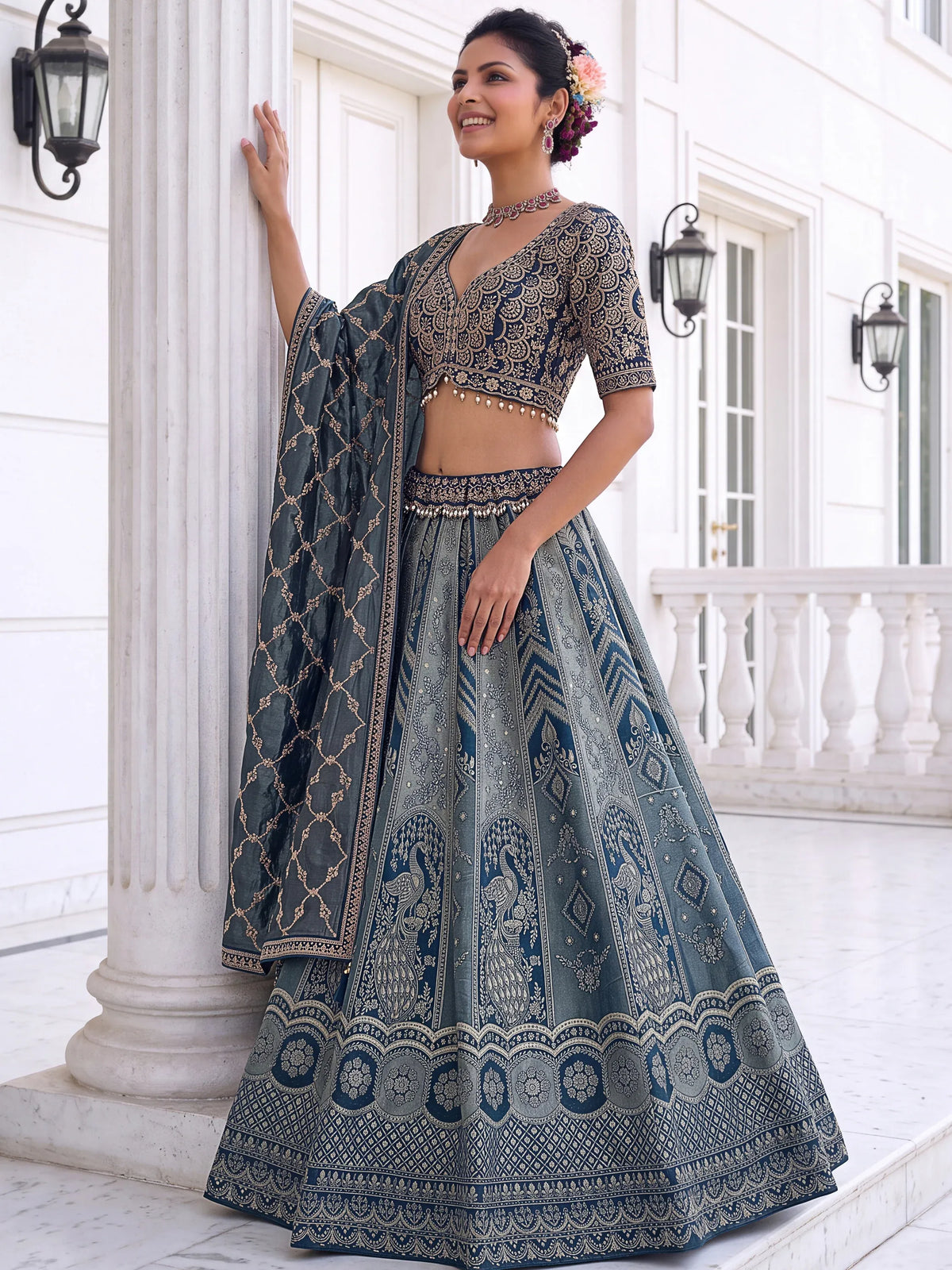Awesome Grey Zari Weaving Banarasi Silk Designer Lehenga Choli
