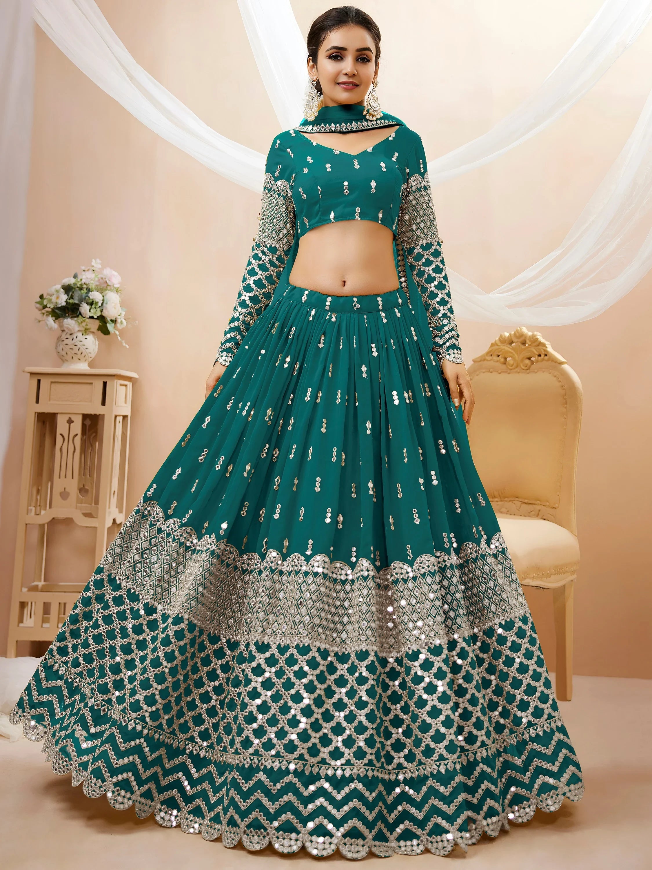 Pretty Blue Mirror Work Georgette Wedding Wear Plus Size Lehenga Choli
