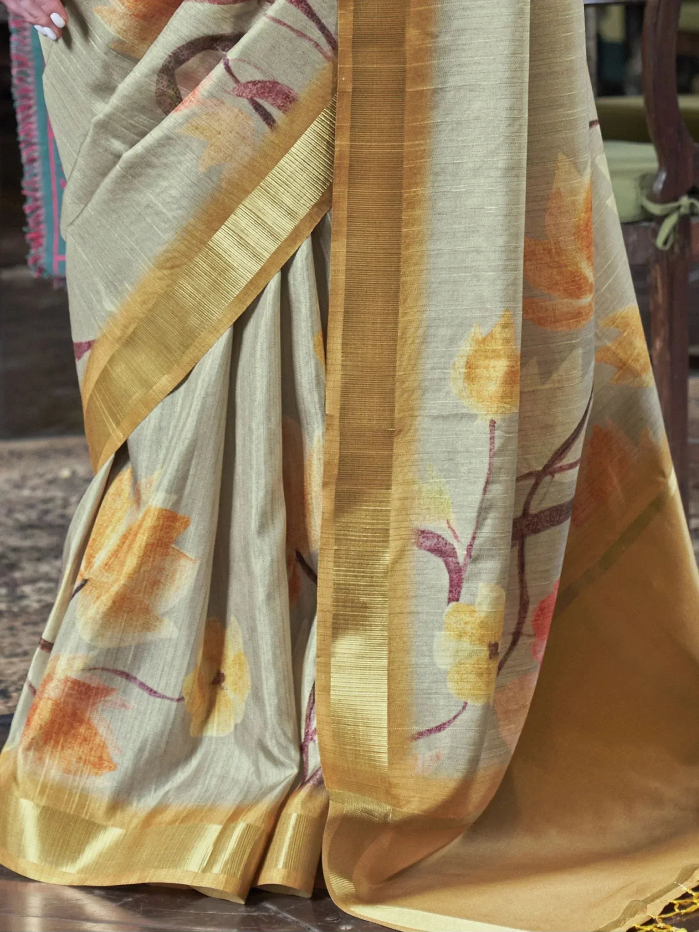 Beige floral saree with golden border, Indian ethnic wear for women