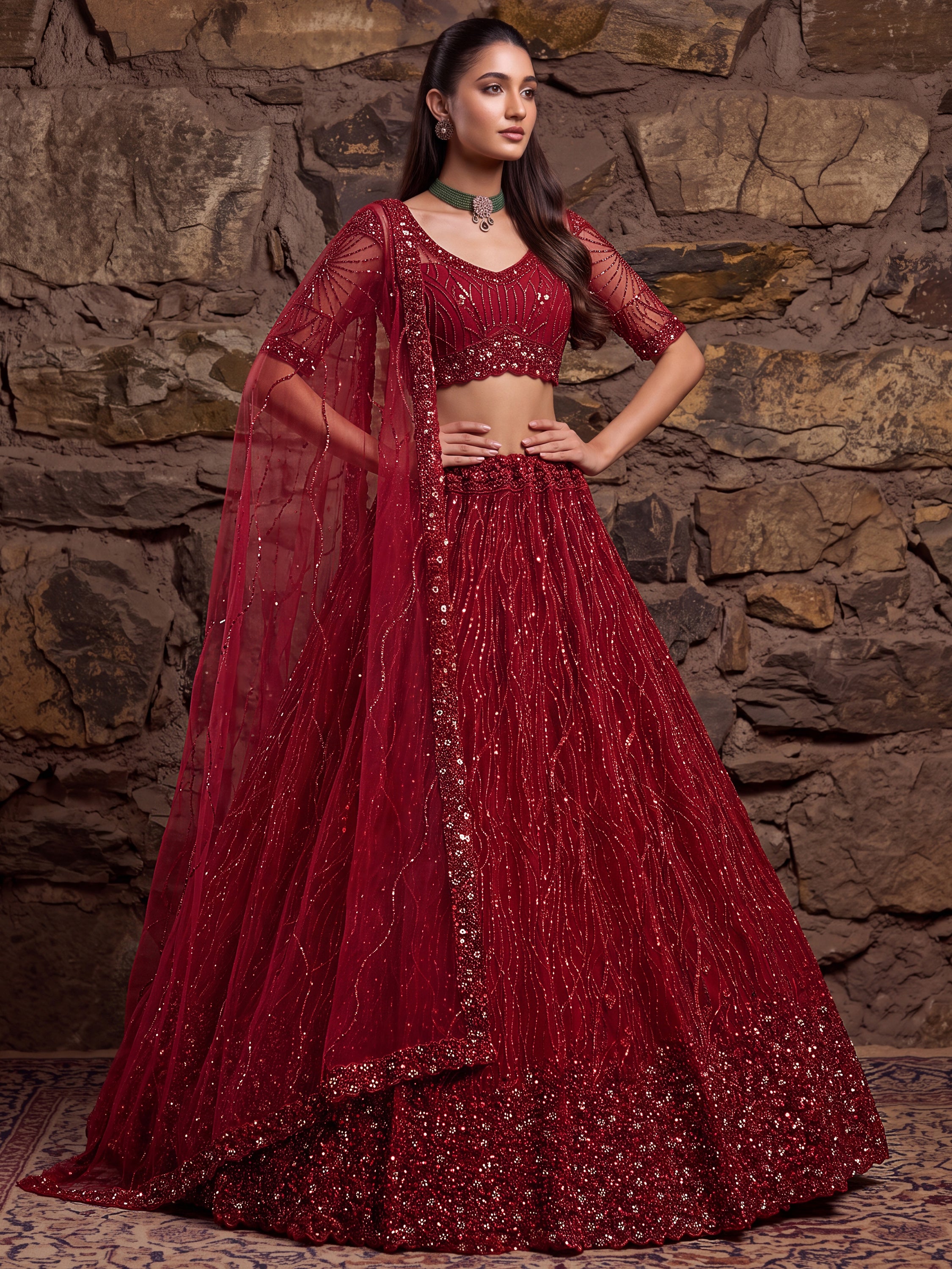 Breathtaking Red Bead Work Net Bridal Lehenga Choli With Dupatta