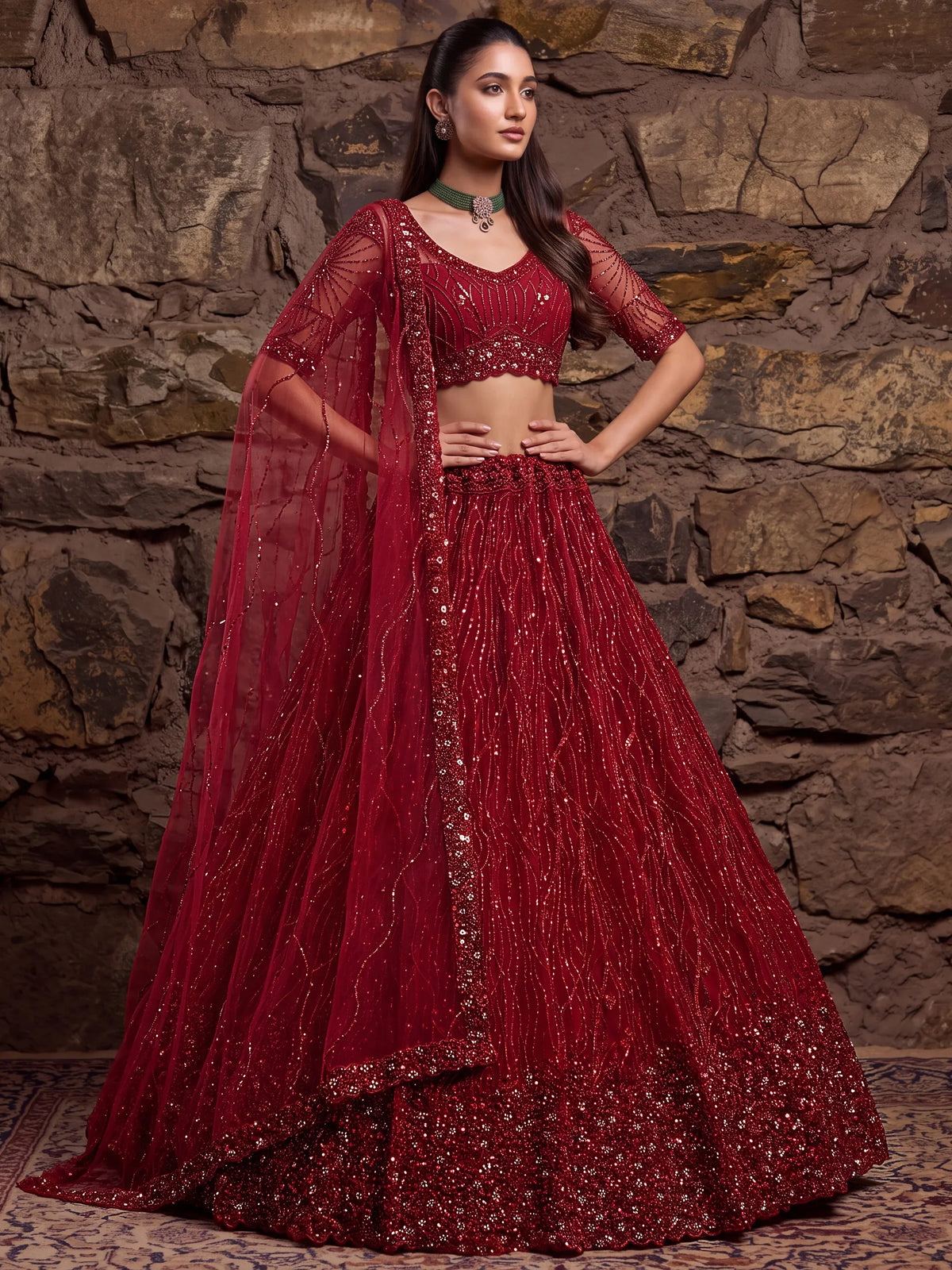 Breathtaking Red Bead Work Net Bridal Lehenga Choli With Dupatta